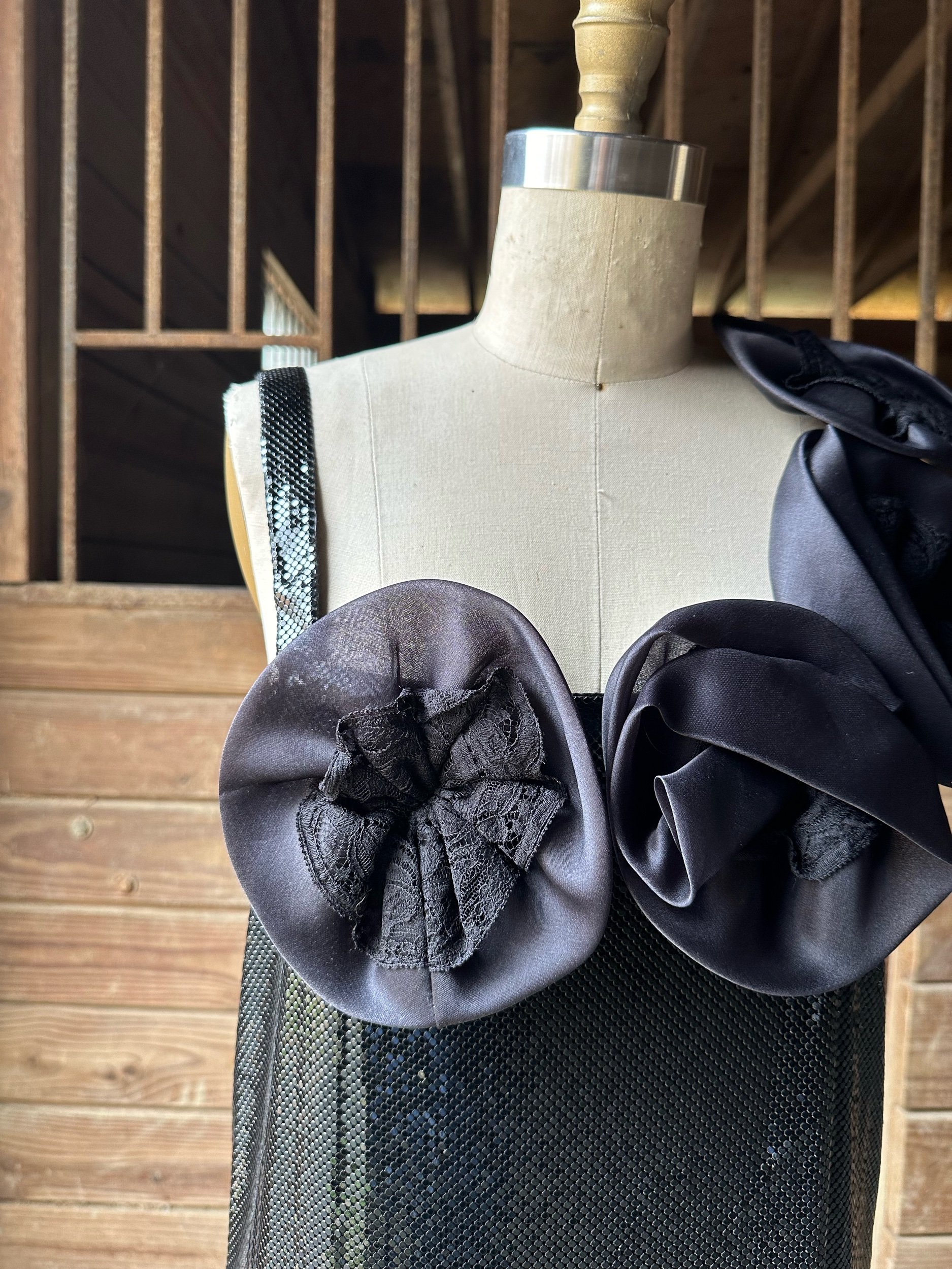 1980s Whiting and Davis Black Mesh and Rosette Top