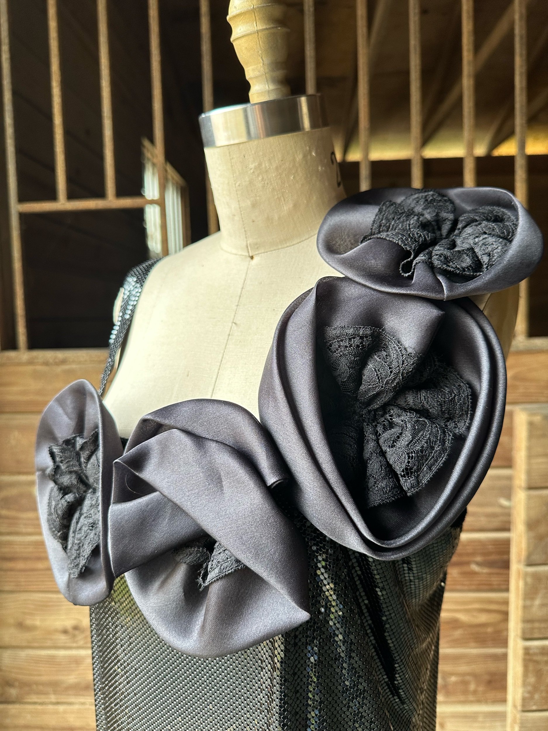 1980s Whiting and Davis Black Mesh and Rosette Top