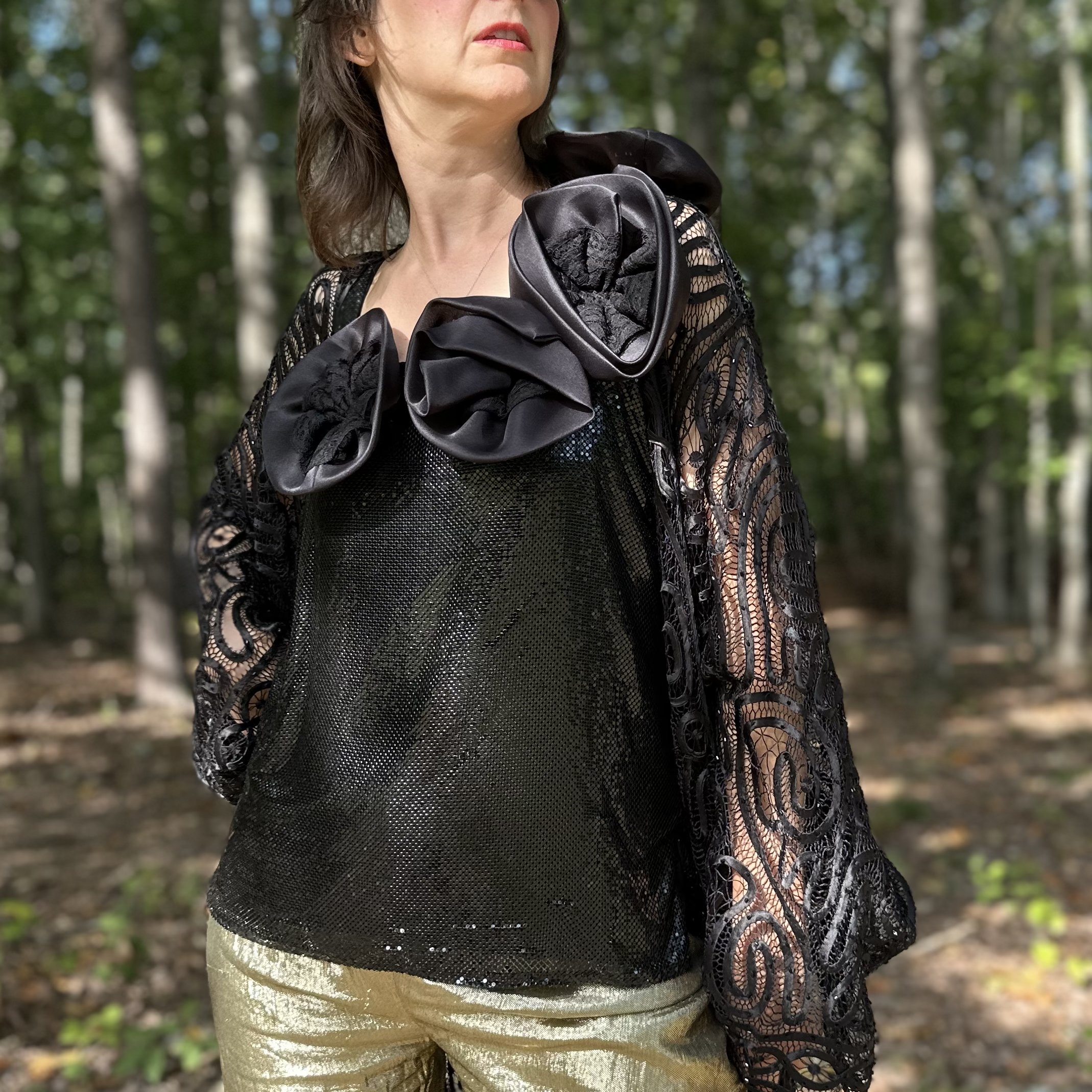 1980s Whiting and Davis Black Mesh and Rosette Top