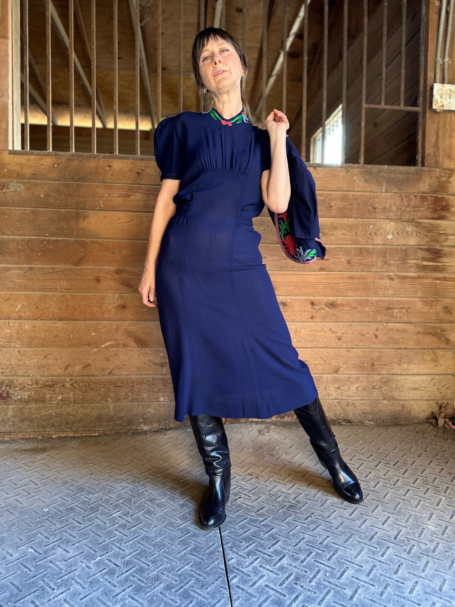 Early 1940s Embroidered Rayon Dress with Jacket