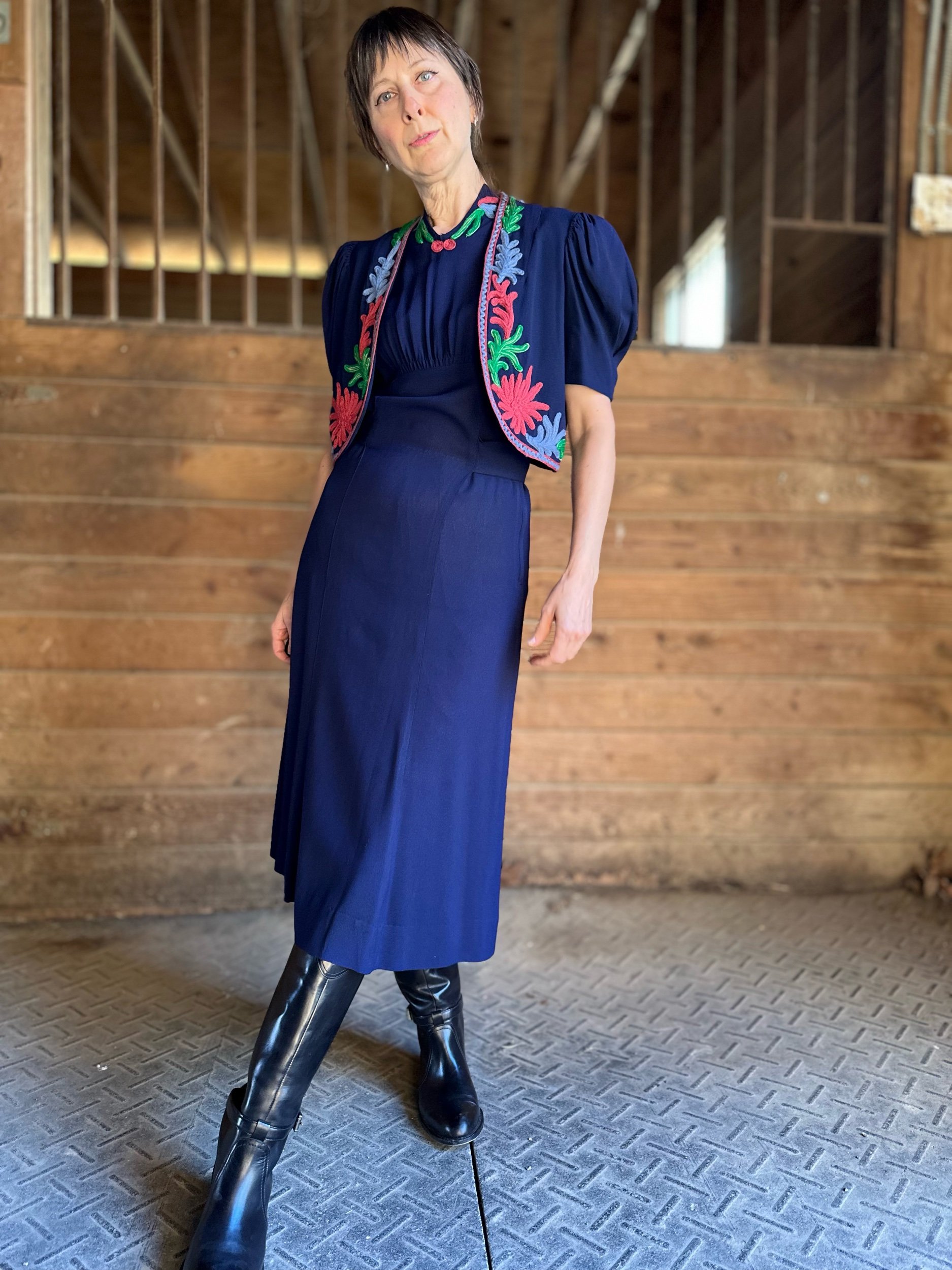 Early 1940s Embroidered Rayon Dress with Jacket