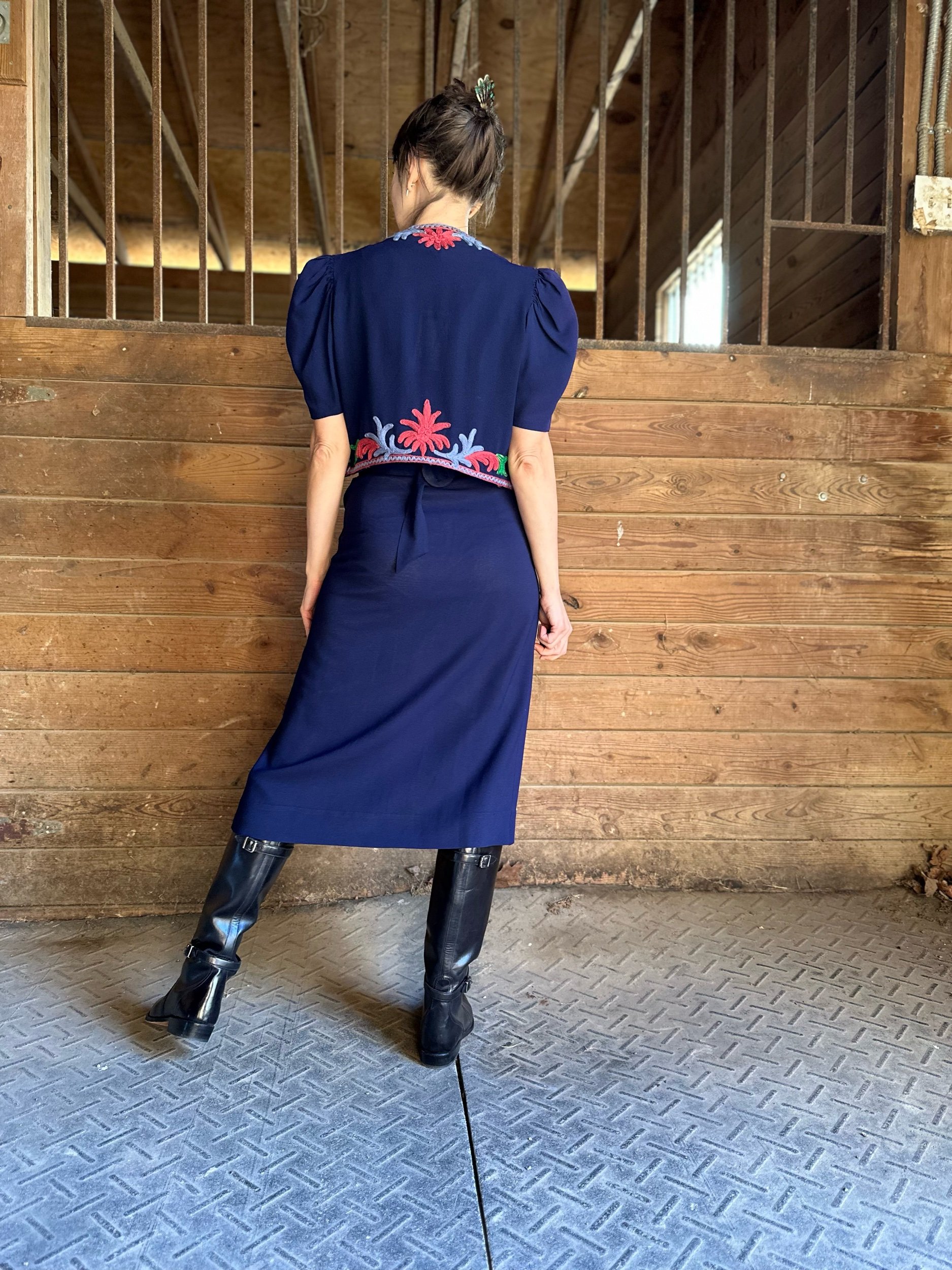 Early 1940s Embroidered Rayon Dress with Jacket