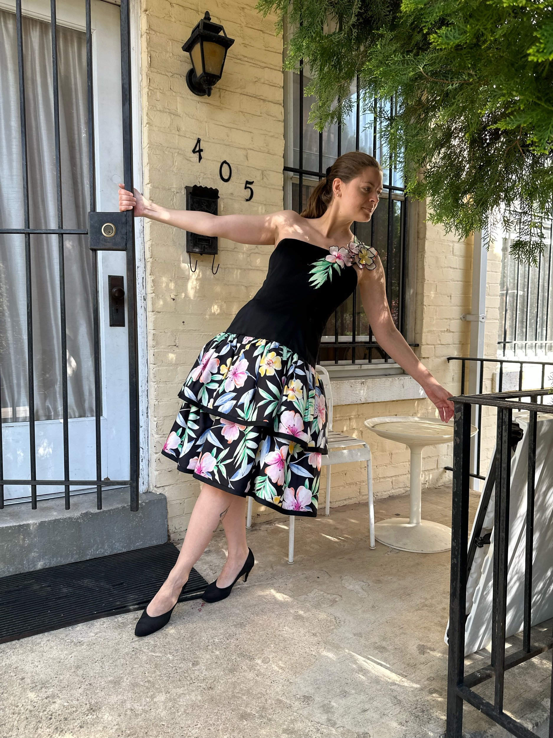 80s Victor Costa Tropical Print Corsage Dress