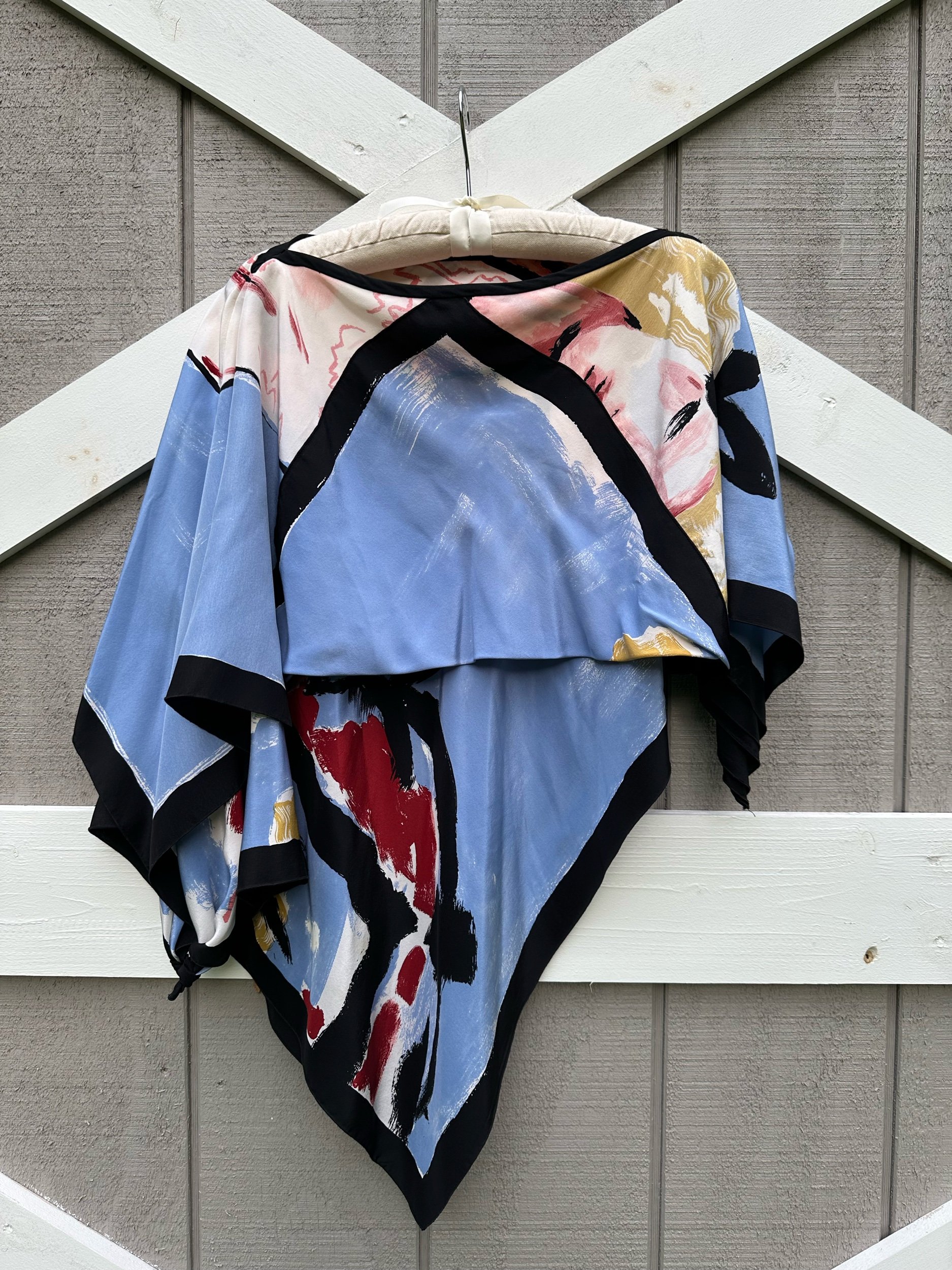 80s Michaele Vollbracht Printed Silk Top Pigtail Girl