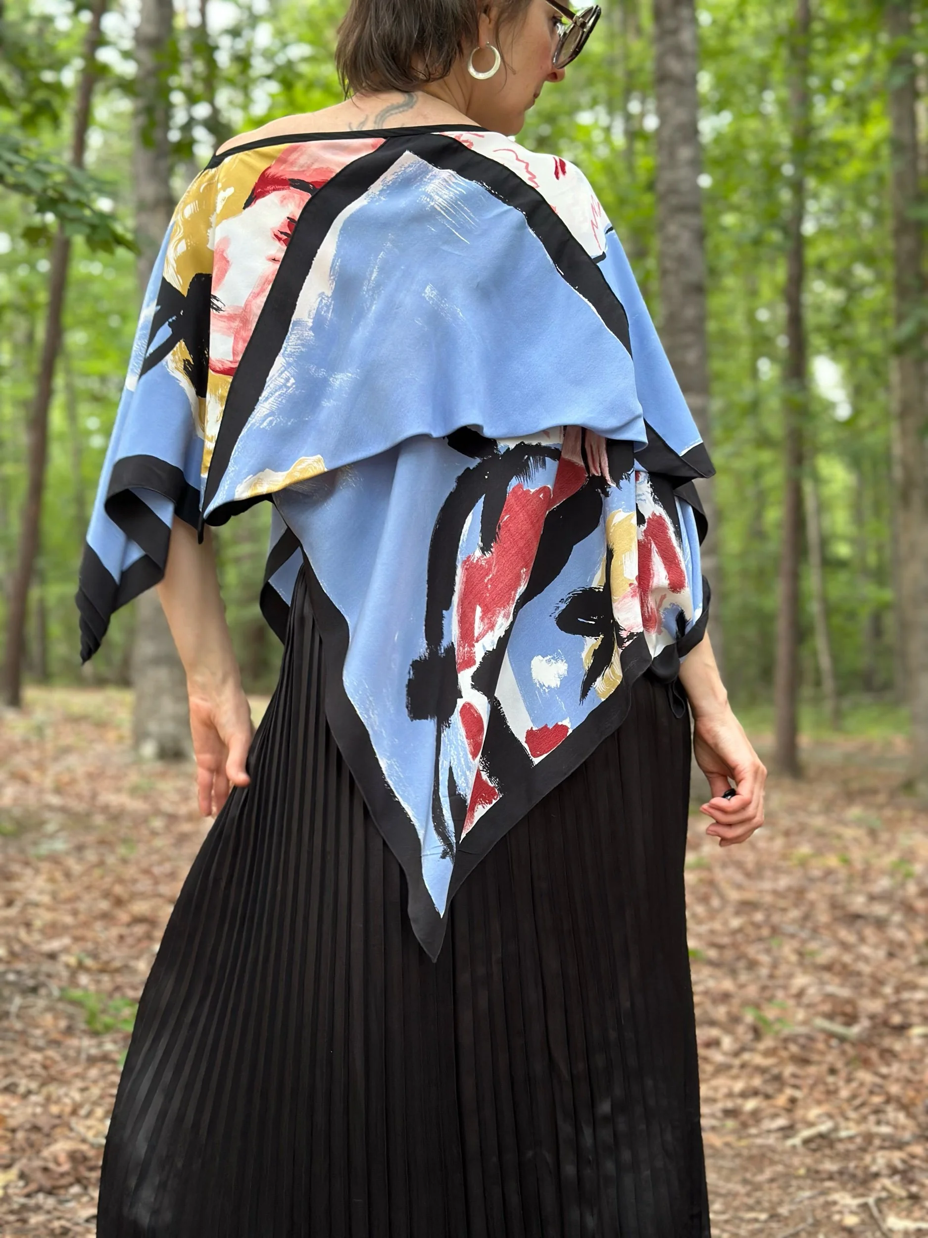 80s Michaele Vollbracht Printed Silk Top Pigtail Girl