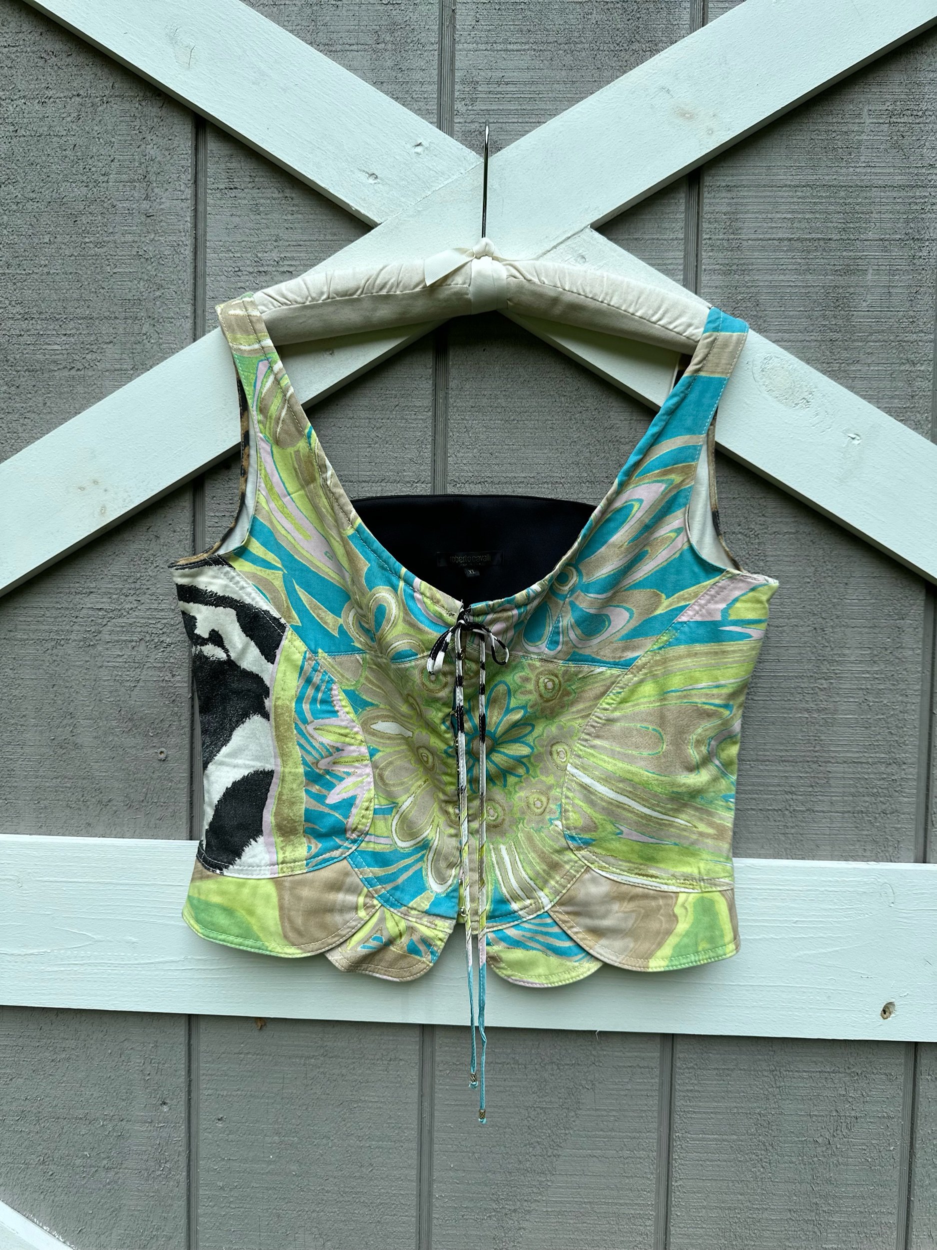 00s Roberto Cavalli Mixed Print Corset Top XL