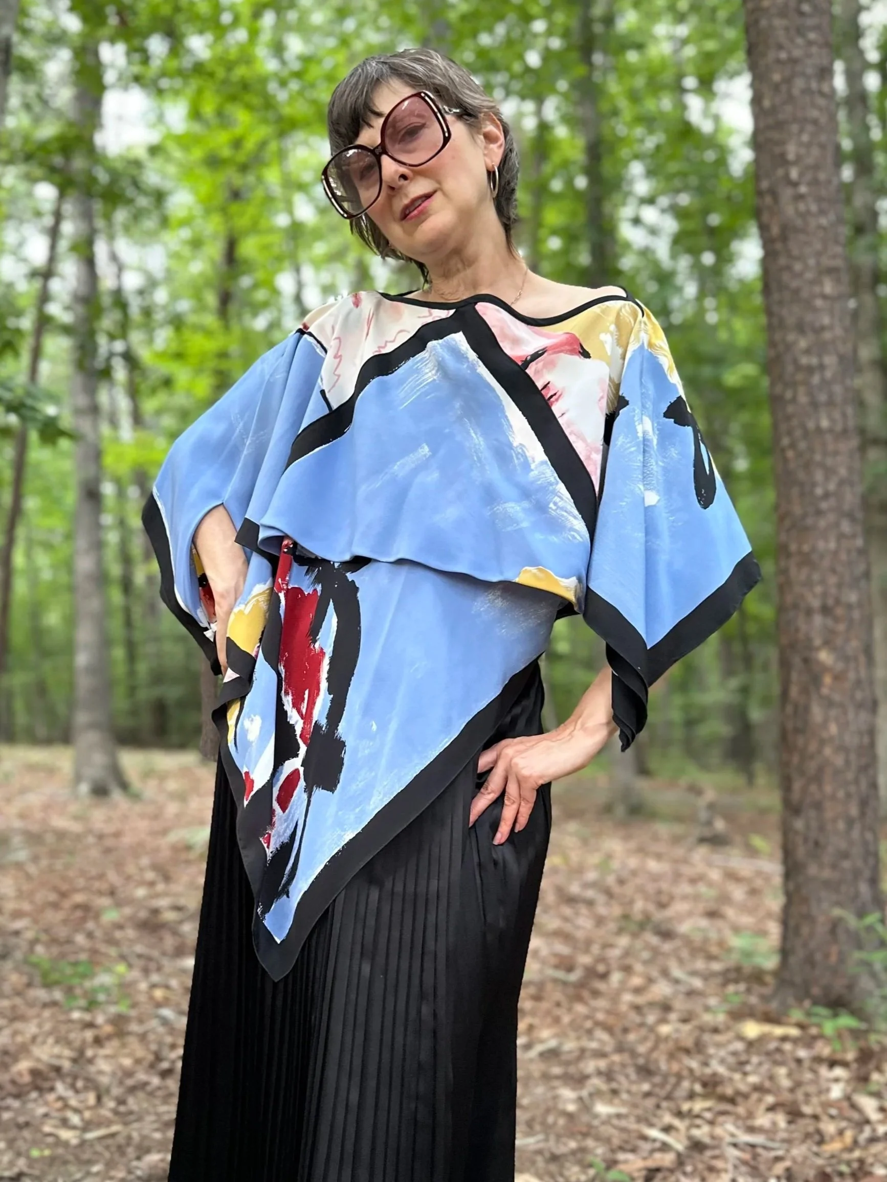 80s Michaele Vollbracht Printed Silk Top Pigtail Girl