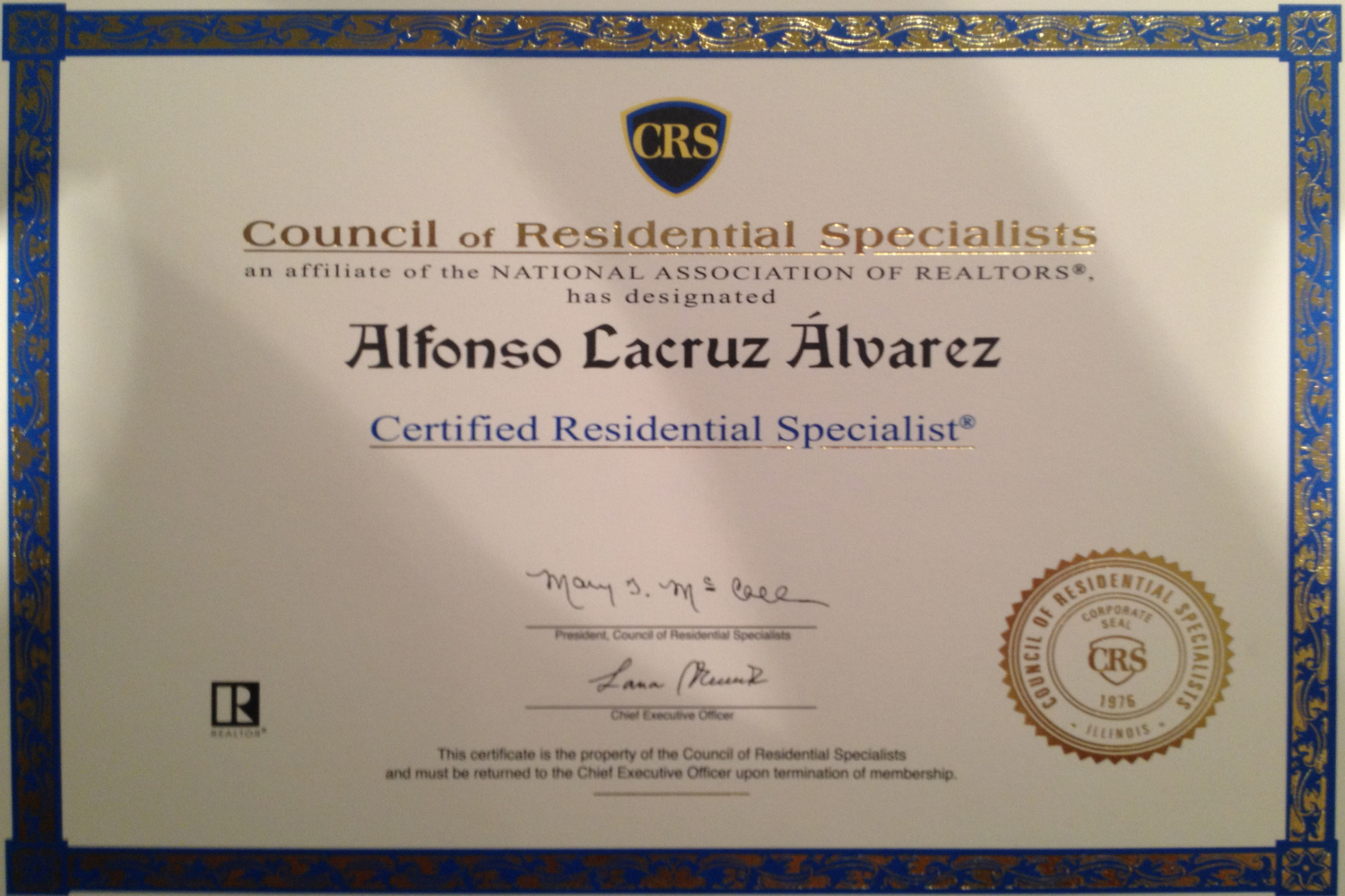 CRS Certified Residential Specialist designation obtained by Alfonso Lacruz