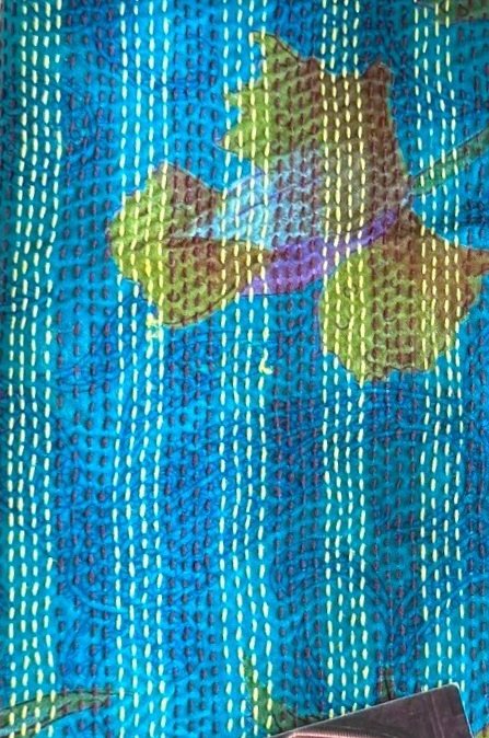 Colourful blue sari silk fabric with floral design and hand embroidered kantha stitch