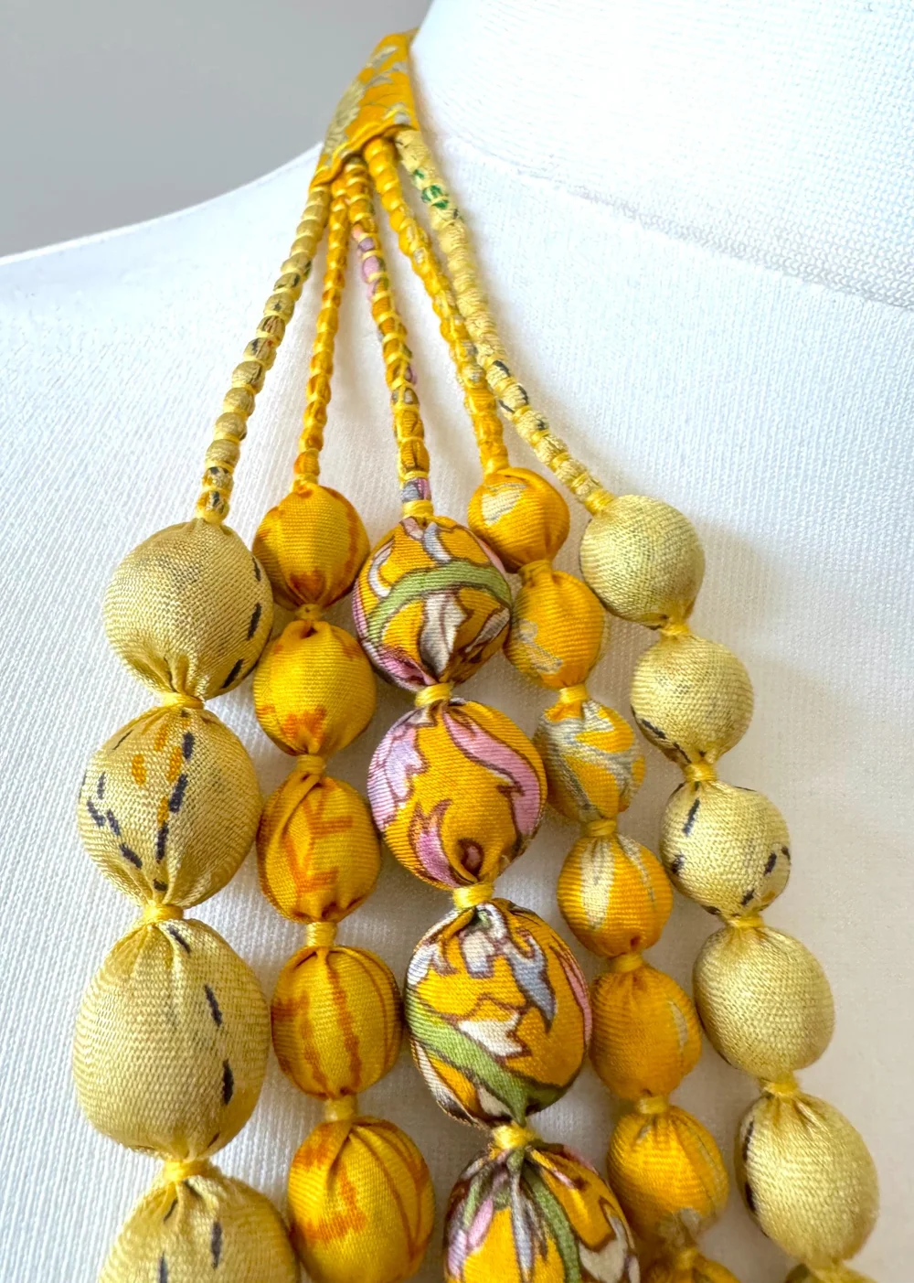 Yellow Wooden Bead Upcycled Sari Fabric Necklace — Jewelled Buddha