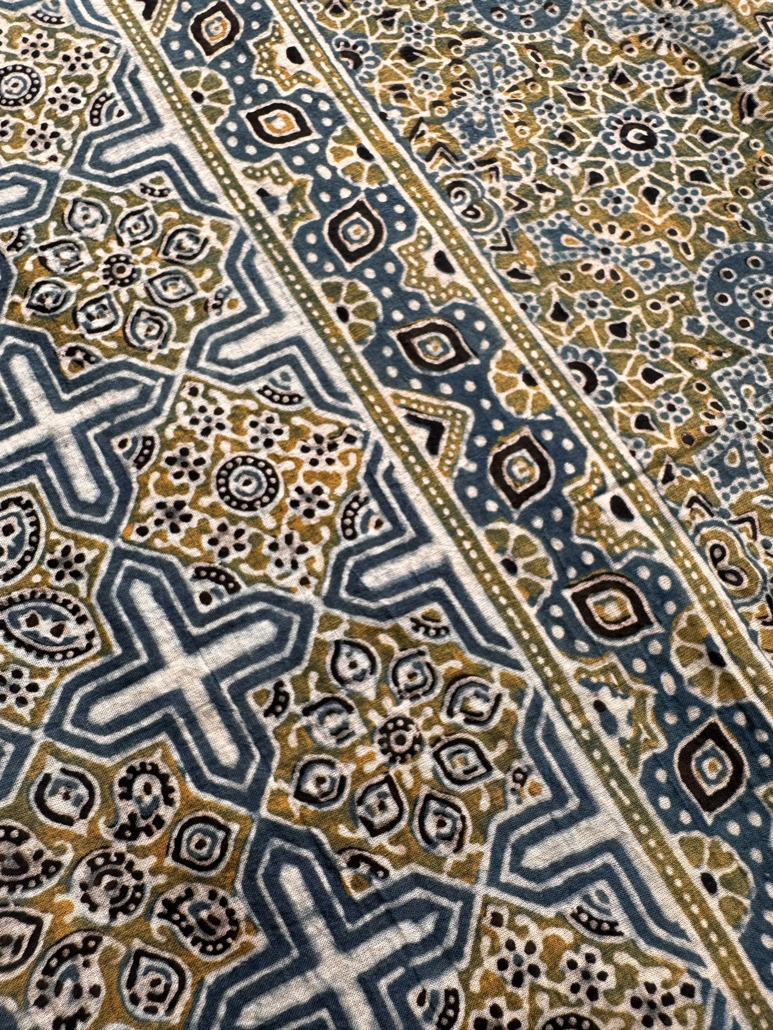 Intricate Ajrakh block print pattern of geometric and floral motifs on a naturally dyed cotton shawl