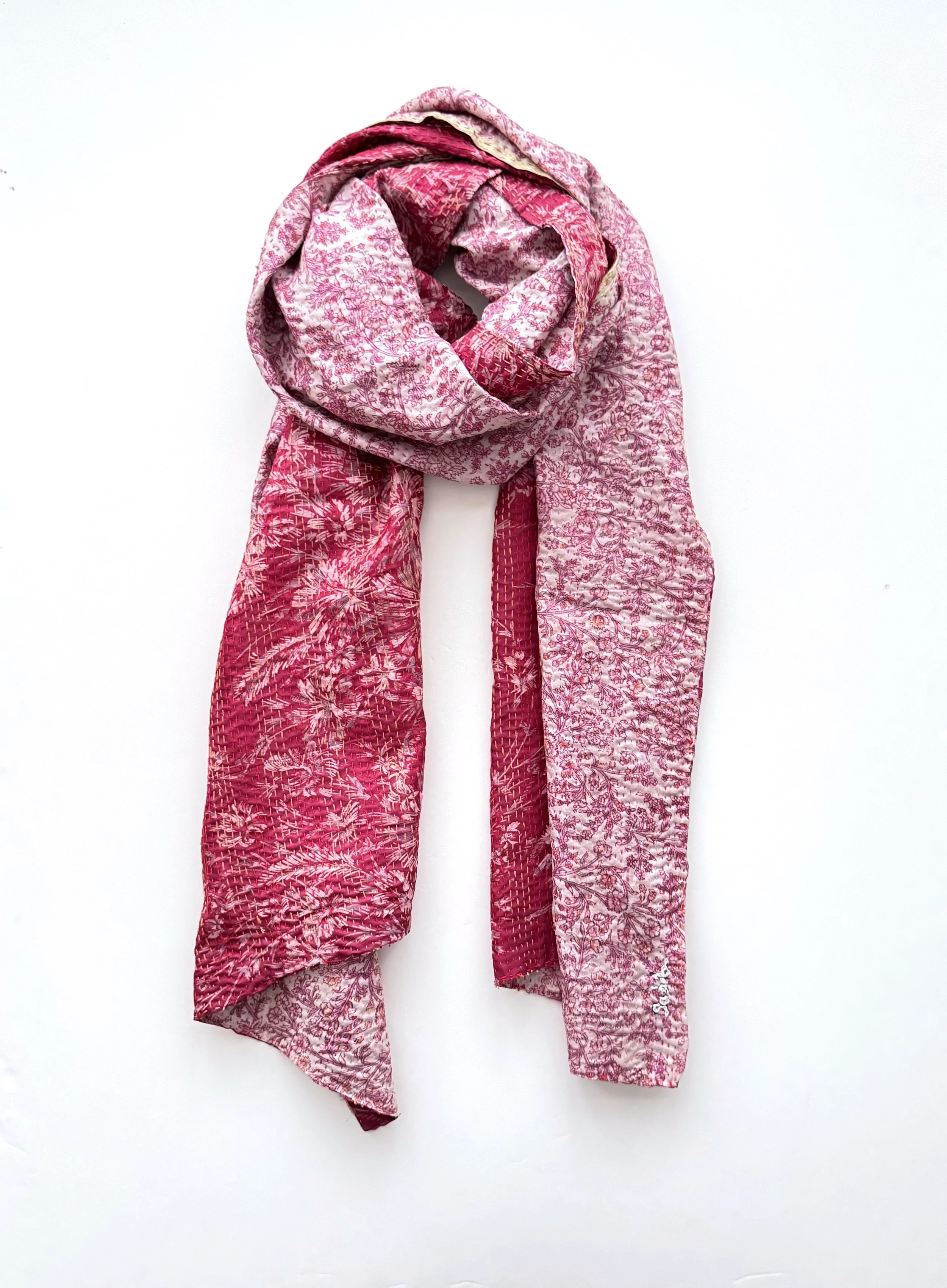 A reversible floral print upcycled sari scarf hand embroidered with colourful kantha stitch.