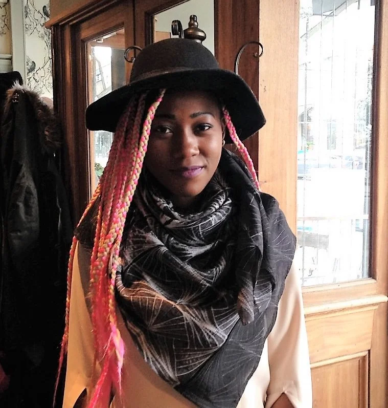 Nancy wears our Shibori Scarf which sold out that very same day!