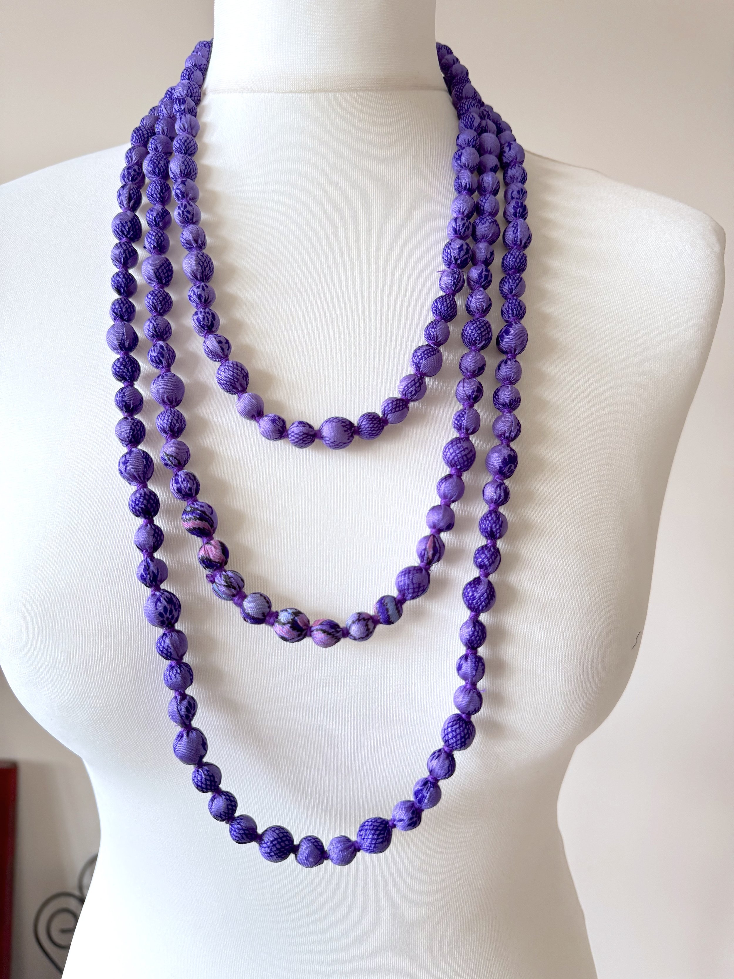 Purple amethyst long beaded recycled sari silk necklace