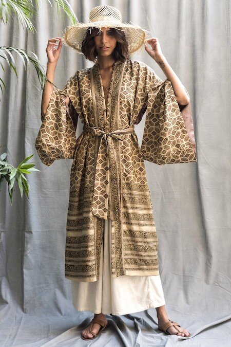 Long Kimono Robe | Turquoise & Gold – River Fair Trade