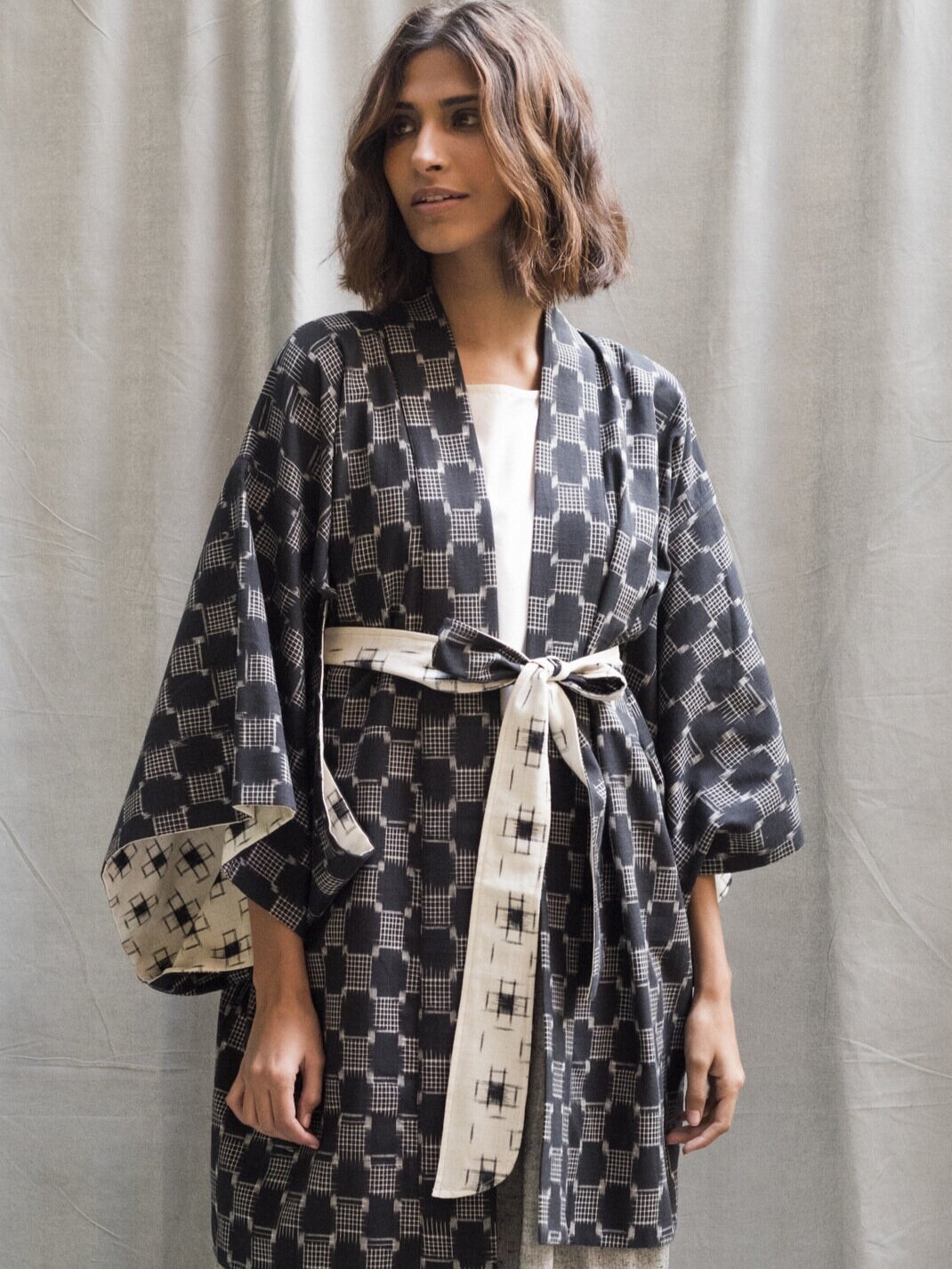 Bride's Satin and Lace Short Kimono Robe and Dressing Gown -  Initial-Impressions