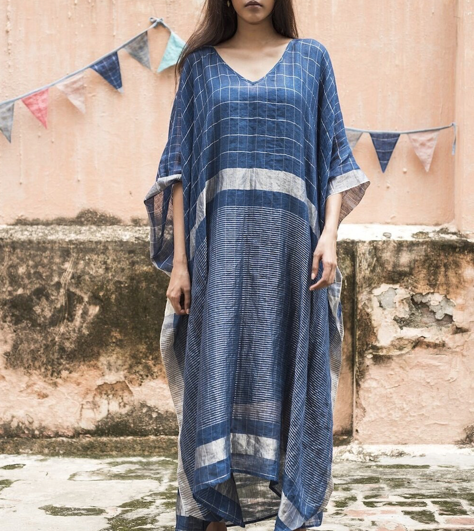 Indigo Blue Checked Linen Kaftan Dress 