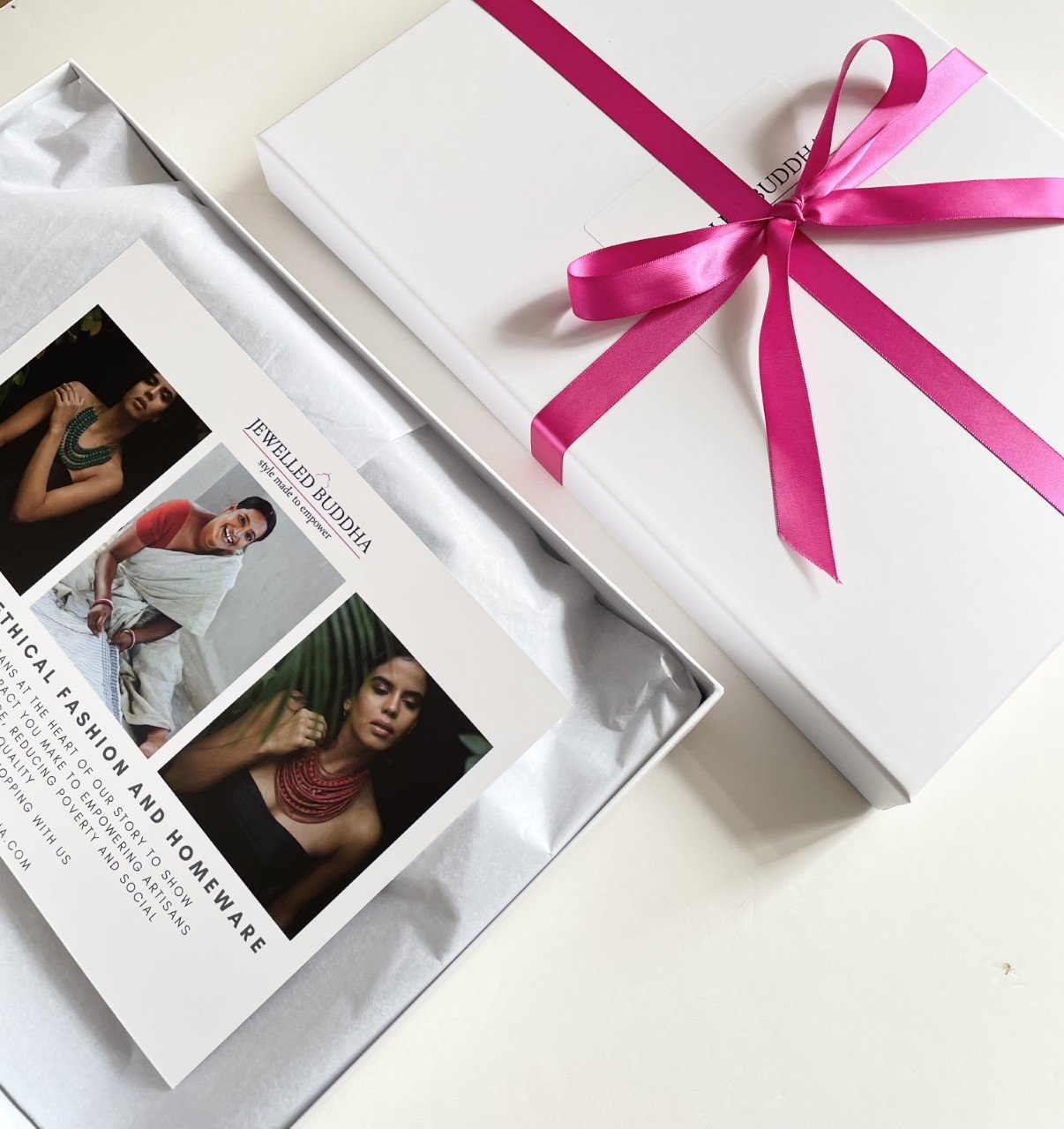 Eco-friendly recycled and reusable luxury white gift box by ethical fashion brand Jewelled Buddha (Copy)