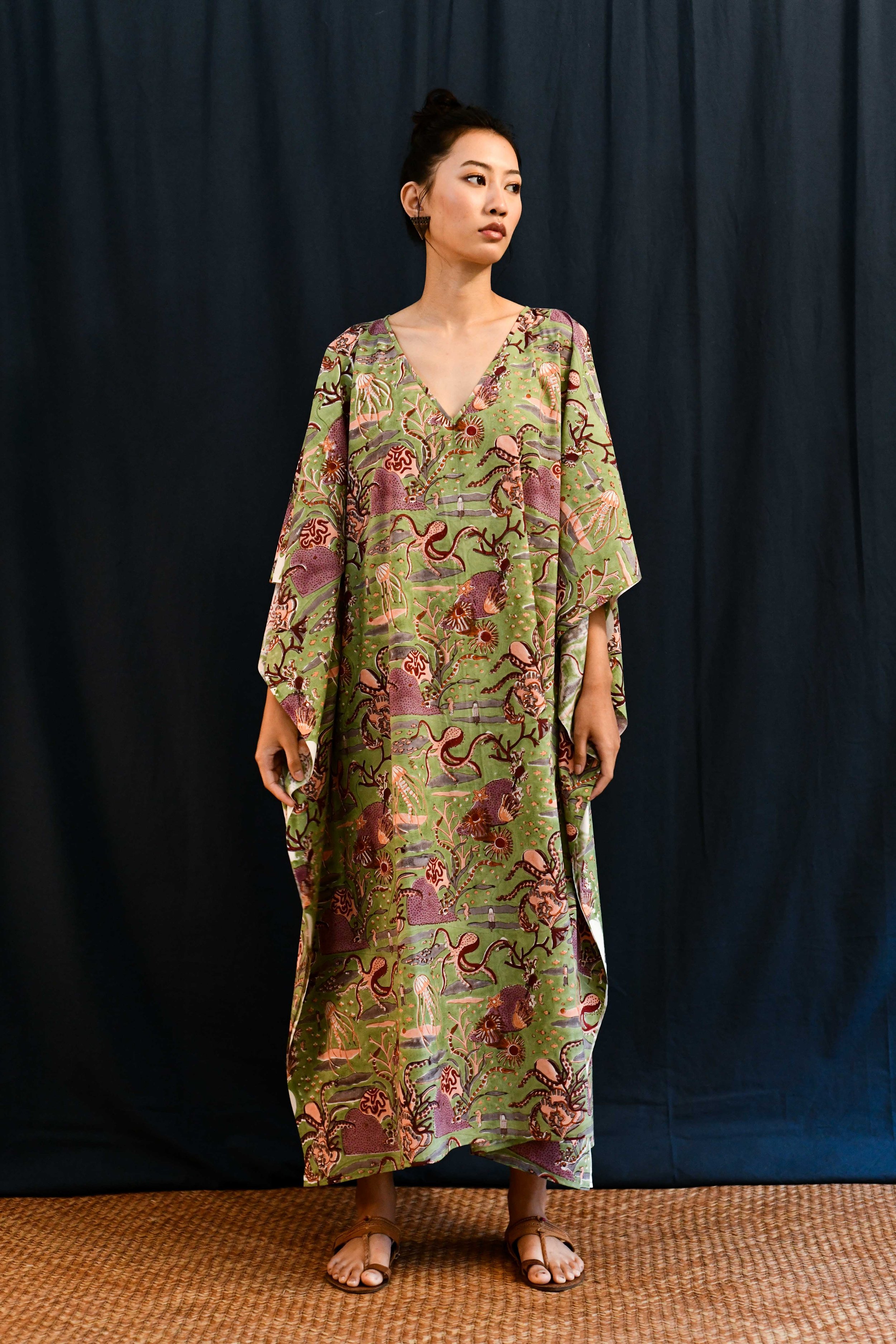 Block Print Long Kaftan Beach Dress - Sea Green/Multi