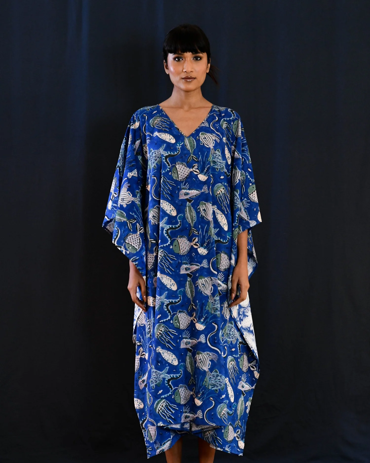 Women's Long Kaftan Dress With Nautical Block Print - Marine Blue   Jewelled Buddha