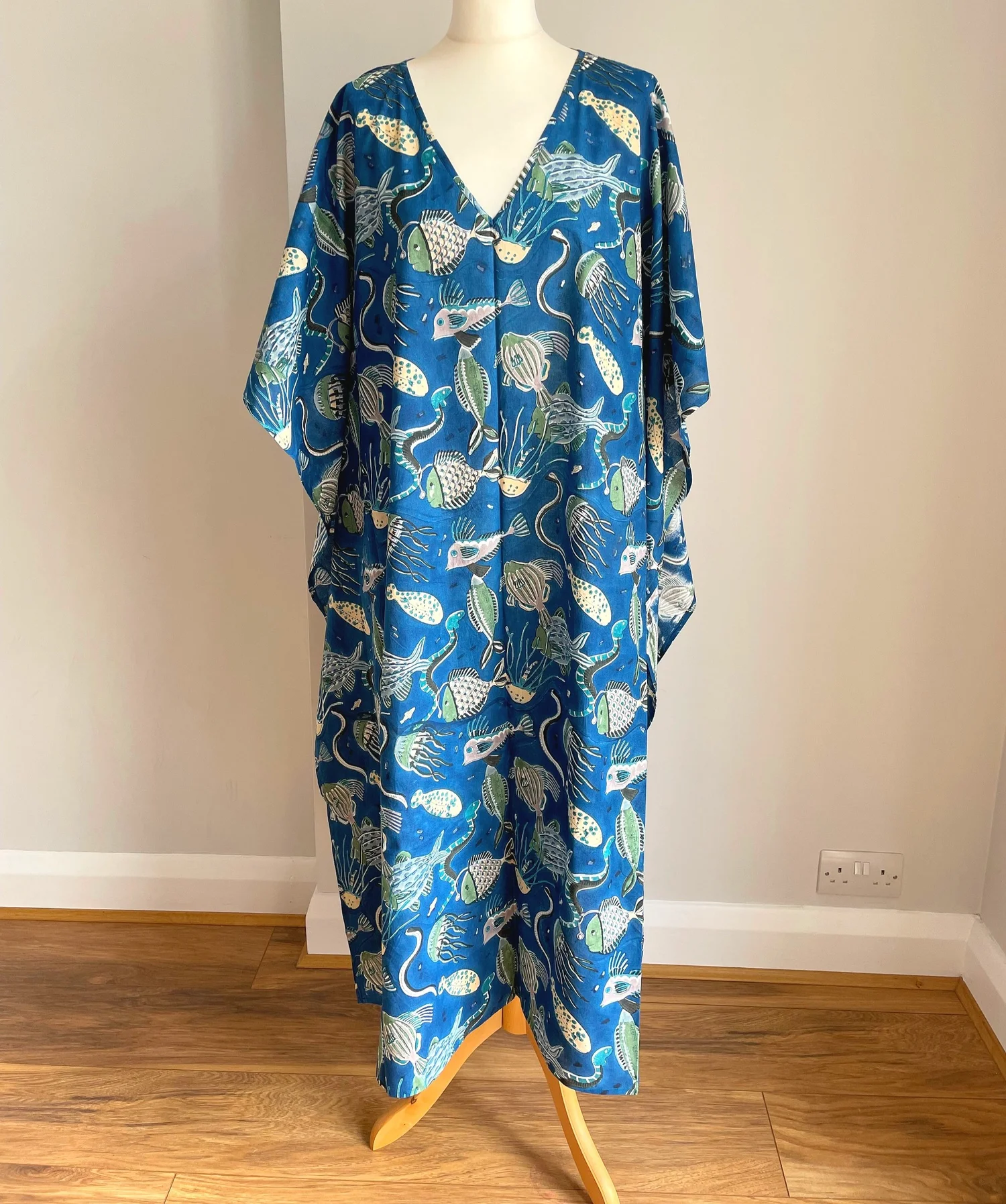 Women's Long Kaftan Dress With Nautical Block Print - Marine Blue Jewelled Buddha Women's Long Kaftan Dress With Nautical Block Print - Marine Blue Jewelled Buddha