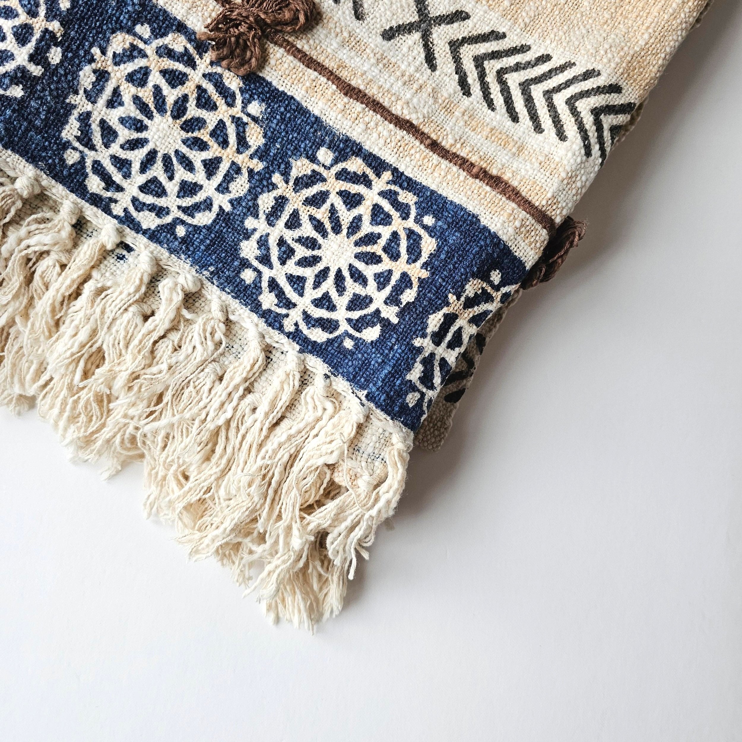 Multi coloured boho blockprint cotton fringed throw