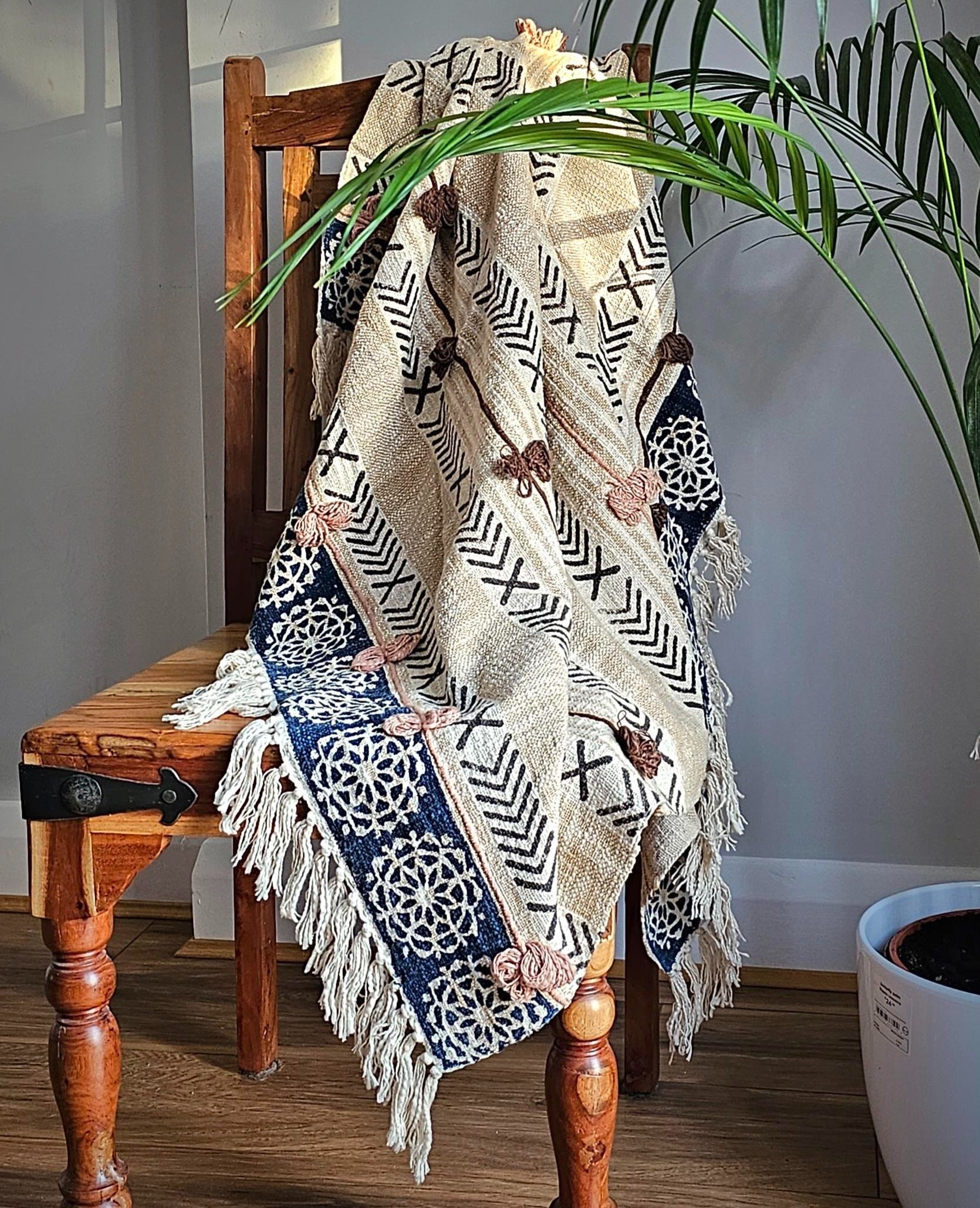 Boho block print cotton fringed throw