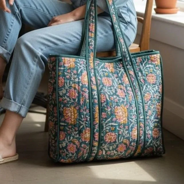 Block Print Quilted Cotton Tote Bags