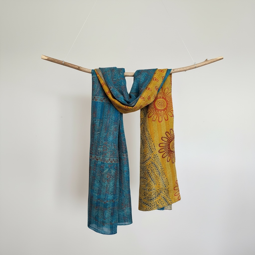 Floral Print Kantha Scarf For Women- Blue/Yellow
