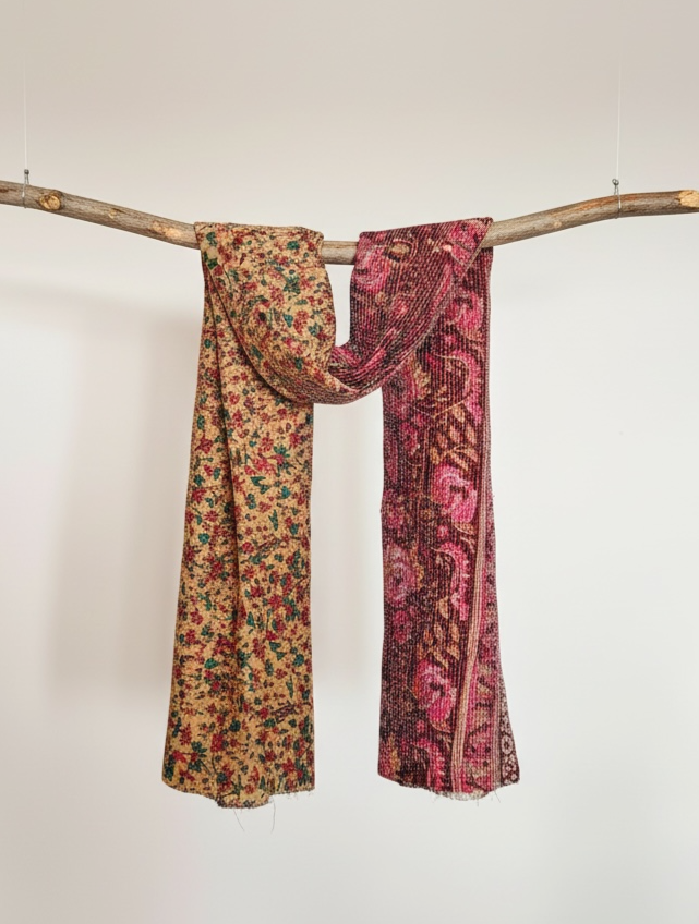 A handmade reversible pattern scarf with a beige and maroon floral pattern, draped over a rustic branch suspended against a plain background.