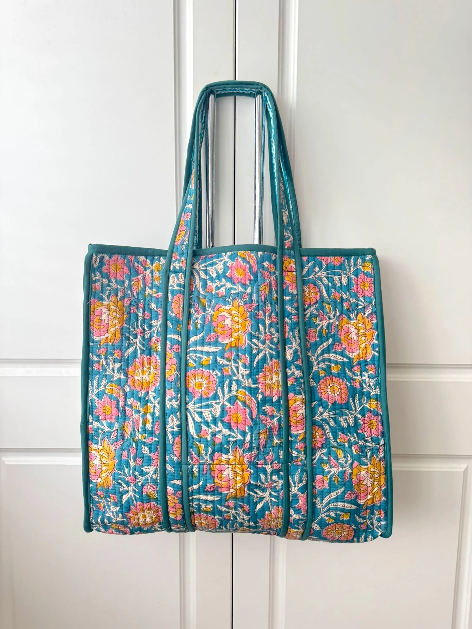 Blue Floral Pattern Beach Cotton Tote Bag For Women - Multi