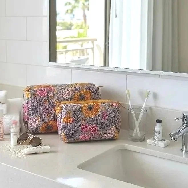 Grey Floral Block Print Quilted Wash Bag Set of 3  - Pink/Yellow