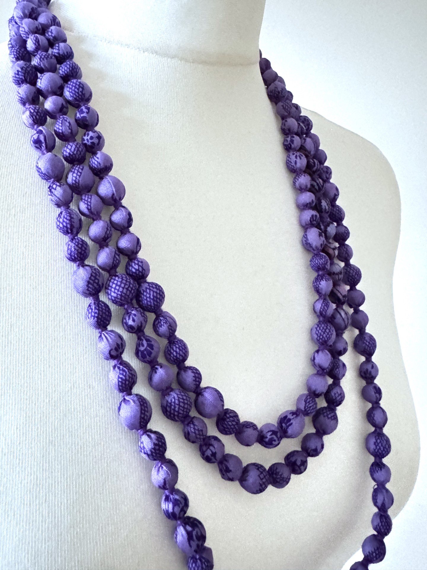 Eco-friendly upcycled sari long silk fabric necklace in Amethyst