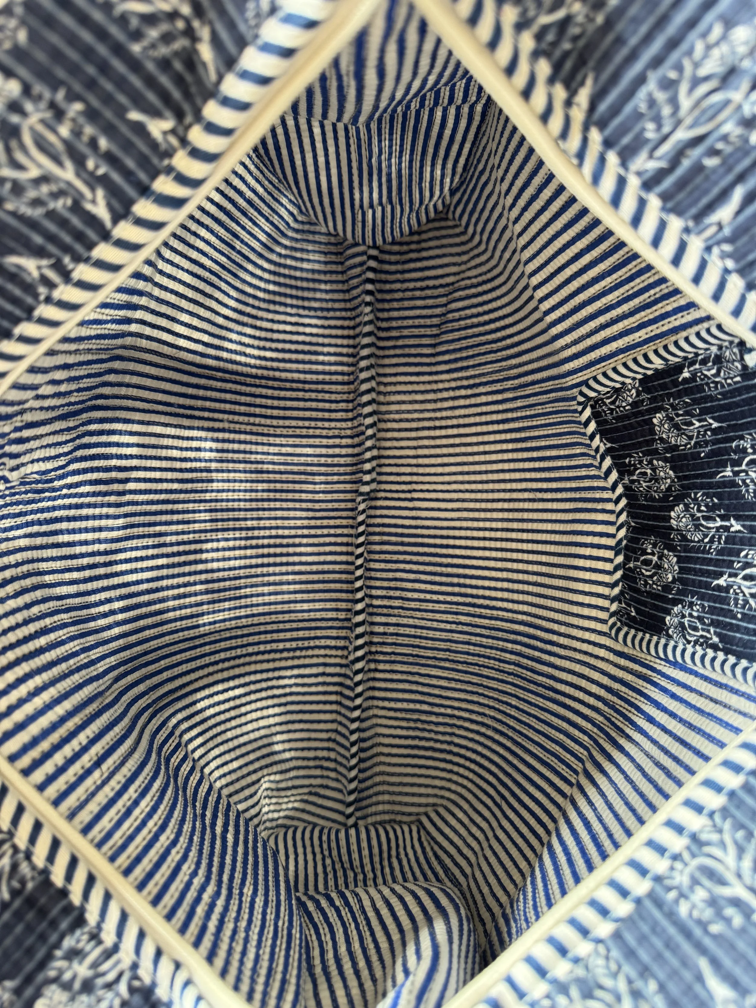 Blue and white striped cotton interior of handmade quilted cotton tote bag by Jewelled Buddha