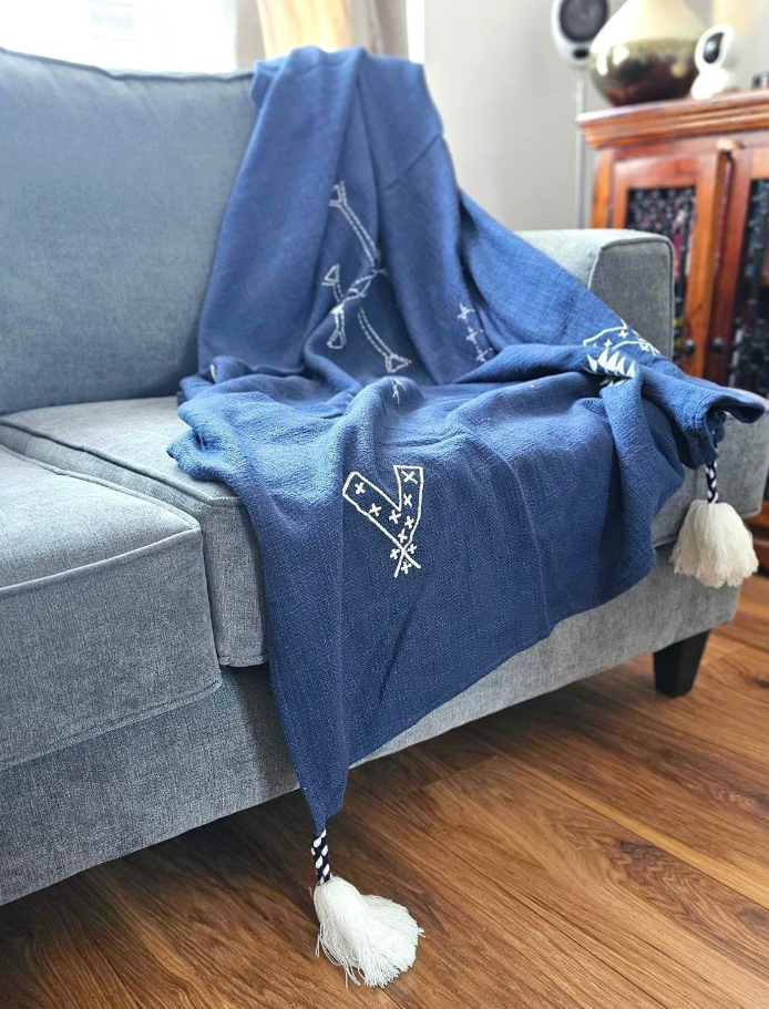 Blue Kantha Embroidered Cotton Throw Blanket