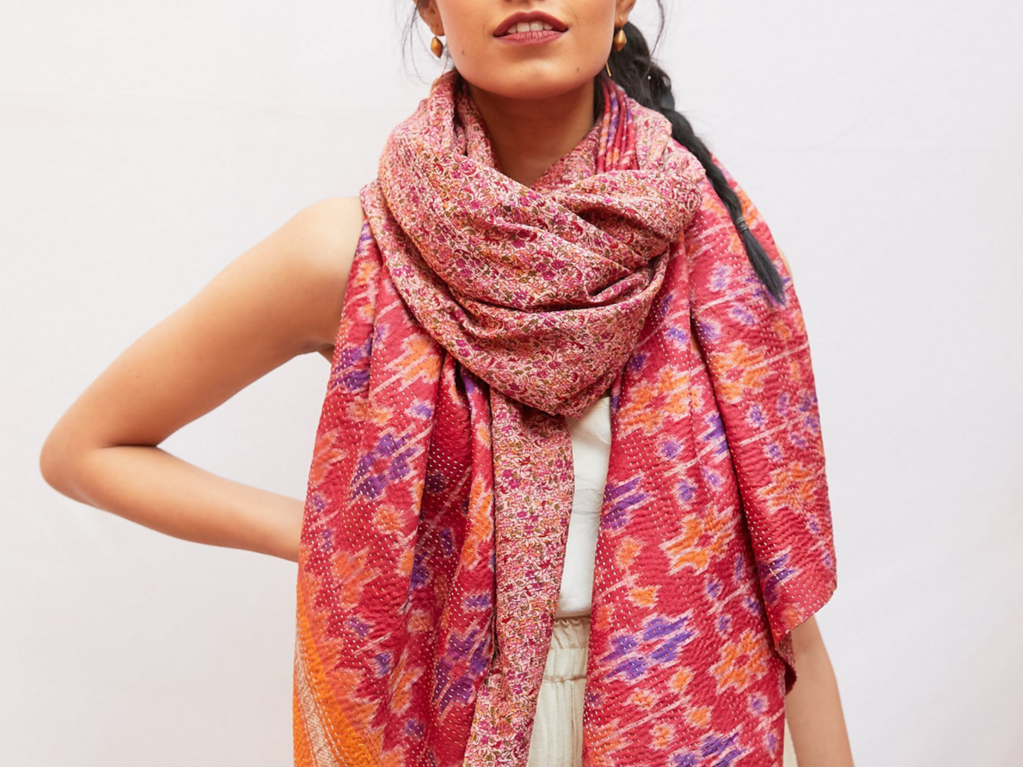woman wearing hand embroidered colourful kantha sari scarf