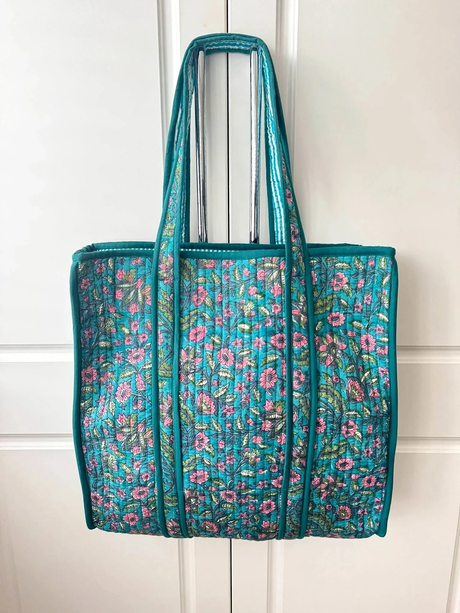 Handmade block print beach bag artisan crafted in traditional technique of block printing with floral print