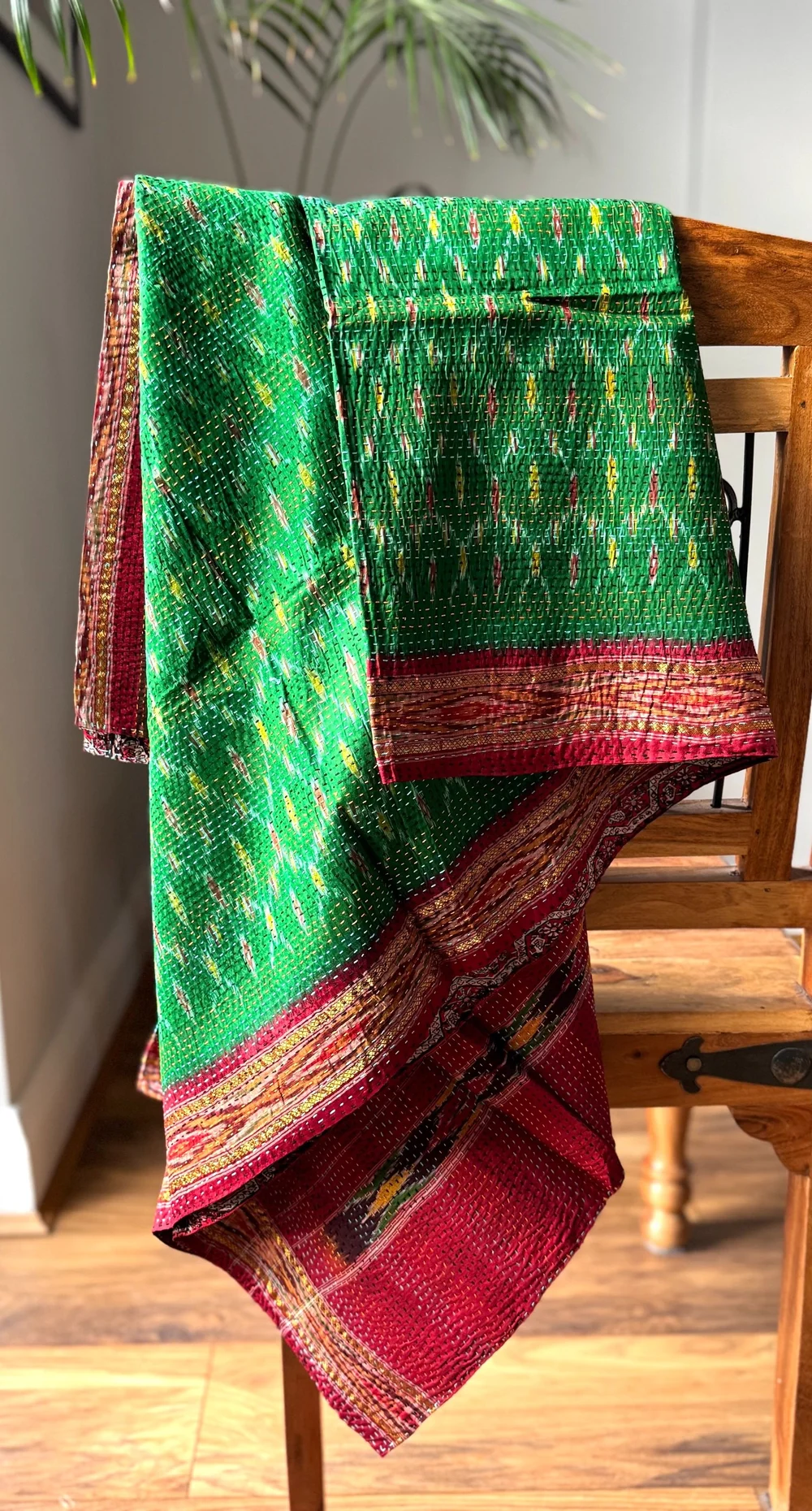 Vintage Kantha Oversized Scarf, Shawl/Throw Emerald/Multi