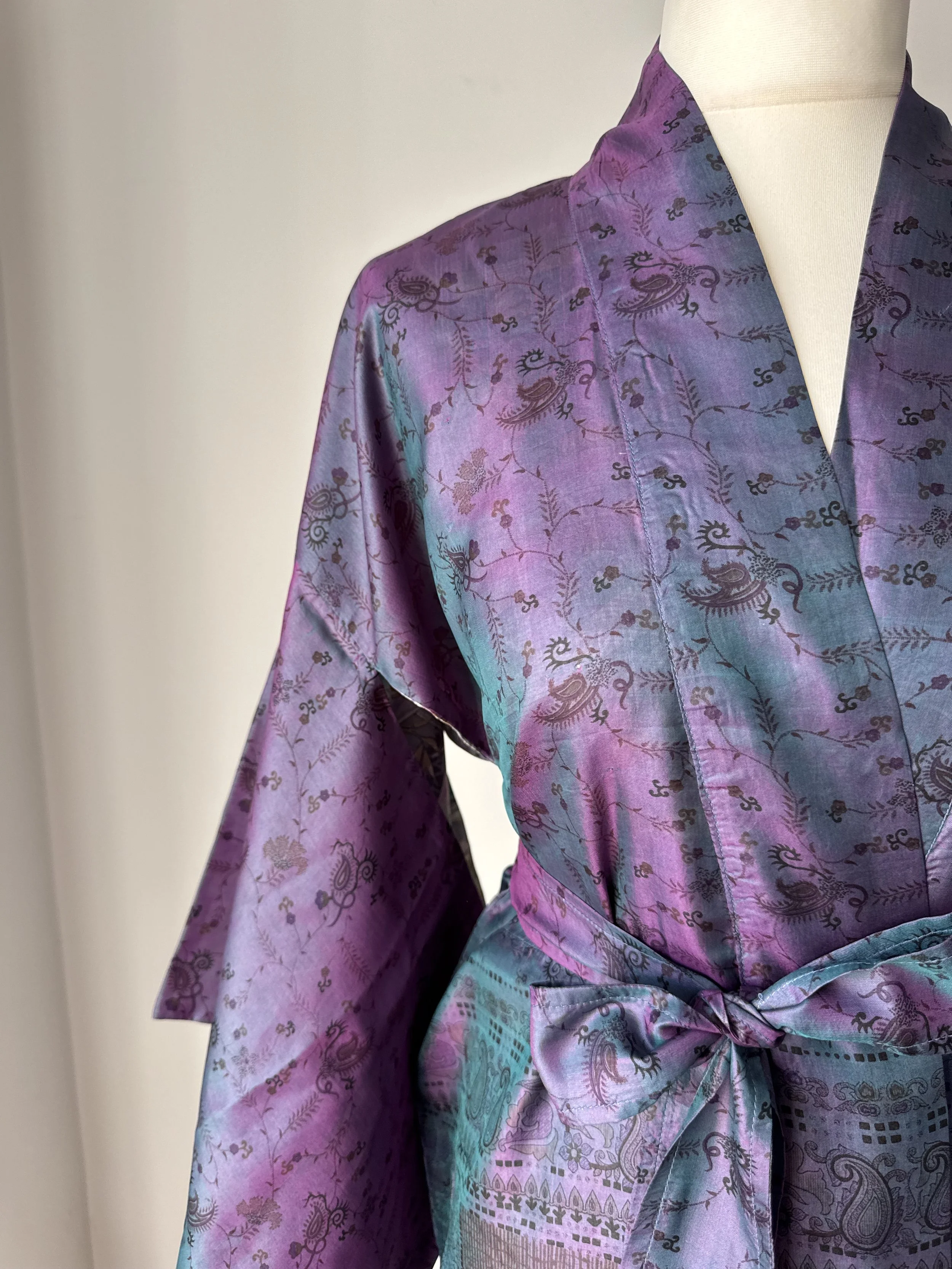 Long kimono robe in two tone purple and blue sari silk fabric with floral detail