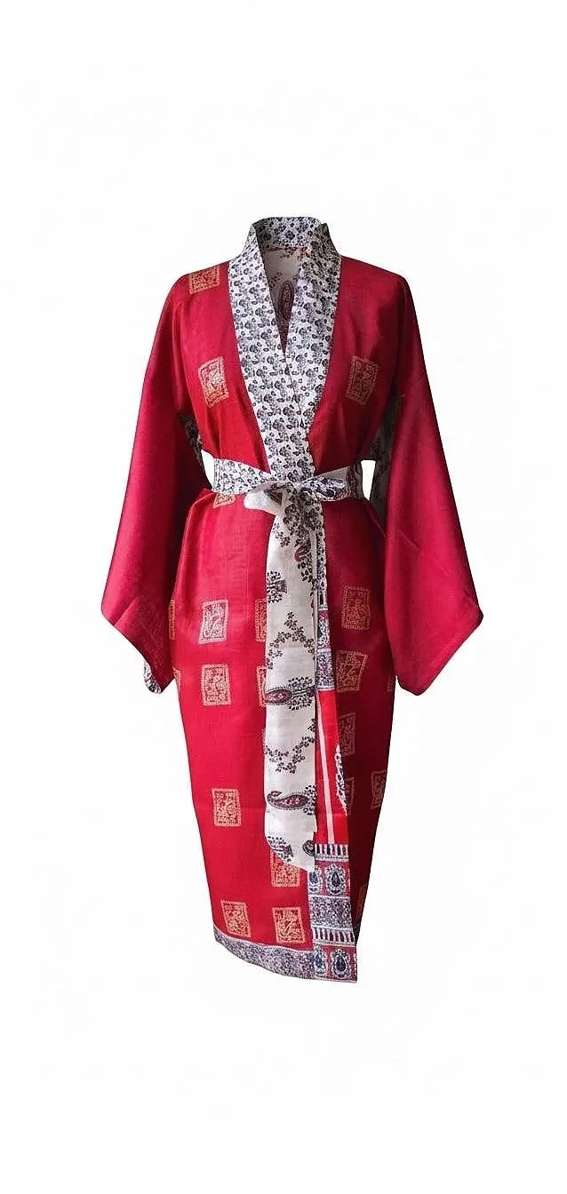 Floral Print Sustainable Silk Sari Kimono Robe - Red Berry