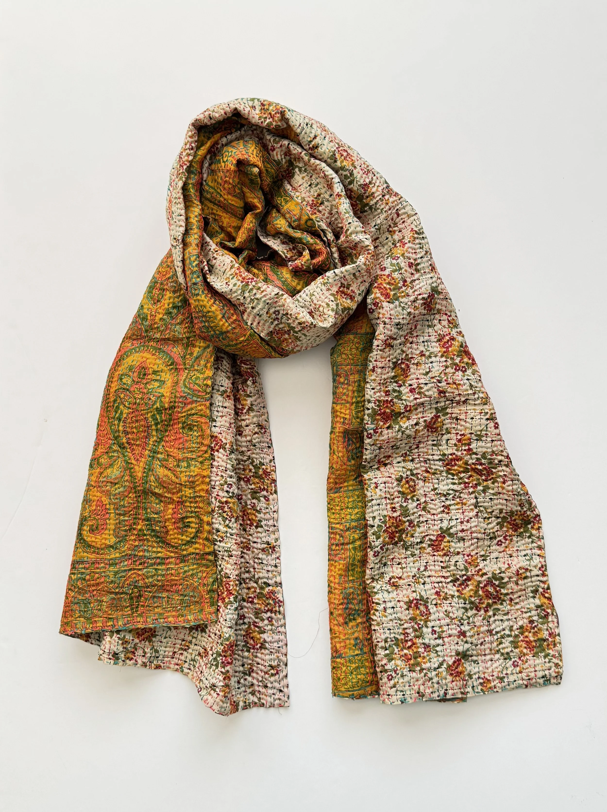 Colourful upcycled sari silk scarf with floral pattern and upcycled with kantha embroidery