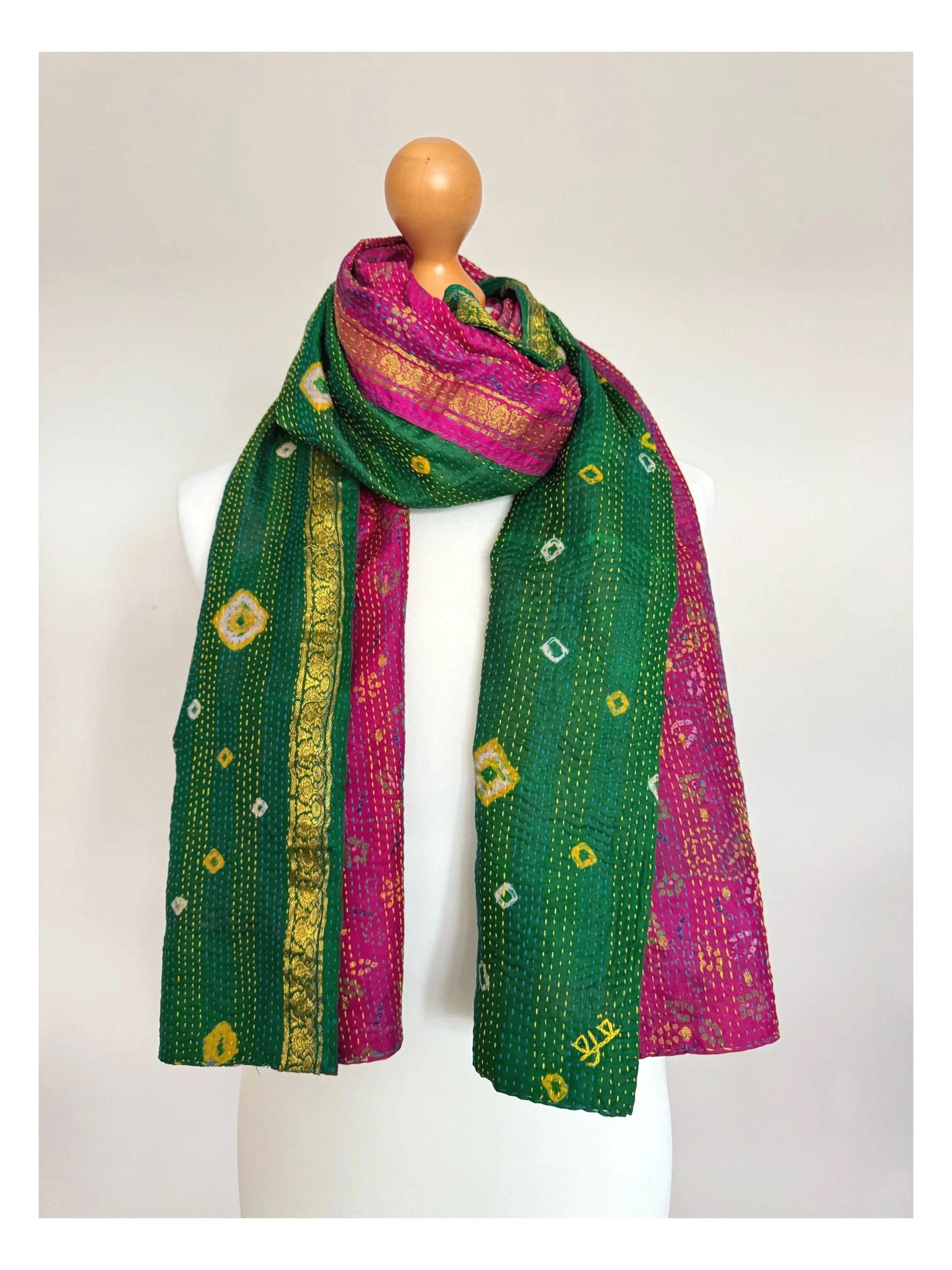 Bright and bold statement scarf in green, pink and yellow, handmade from recycled sari hand embroidered with Kantha stitch