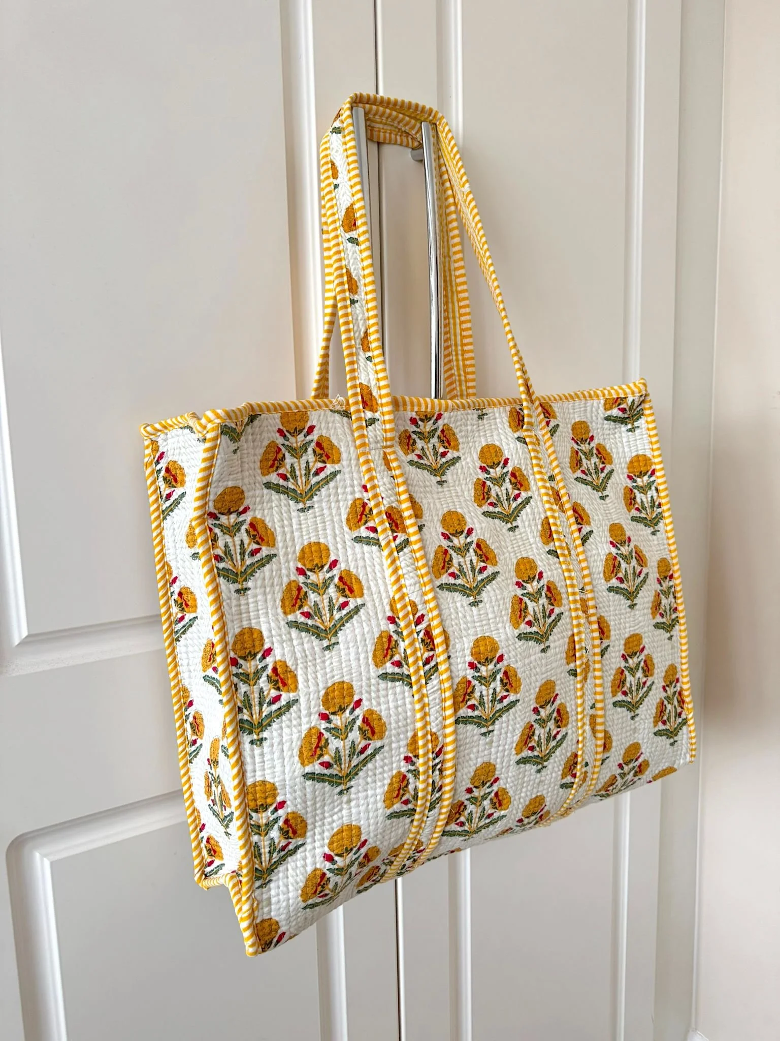 Jaipur Flower Quilted Cotton Tote Bag - Yellow