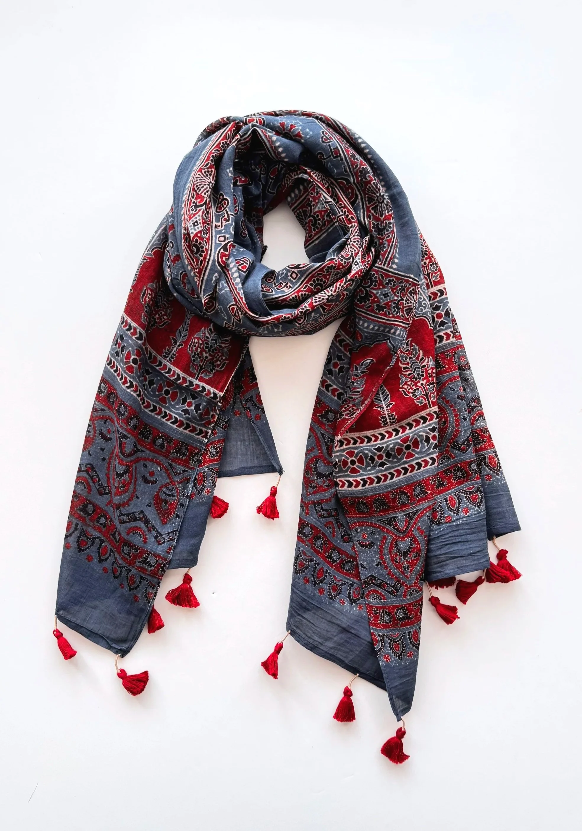 Indigo & Red Ajrakh Cotton Scarf | Hand Block Printed