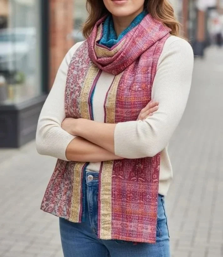 Spring Floral Lightweight Silk Scarf - Pink/Blue