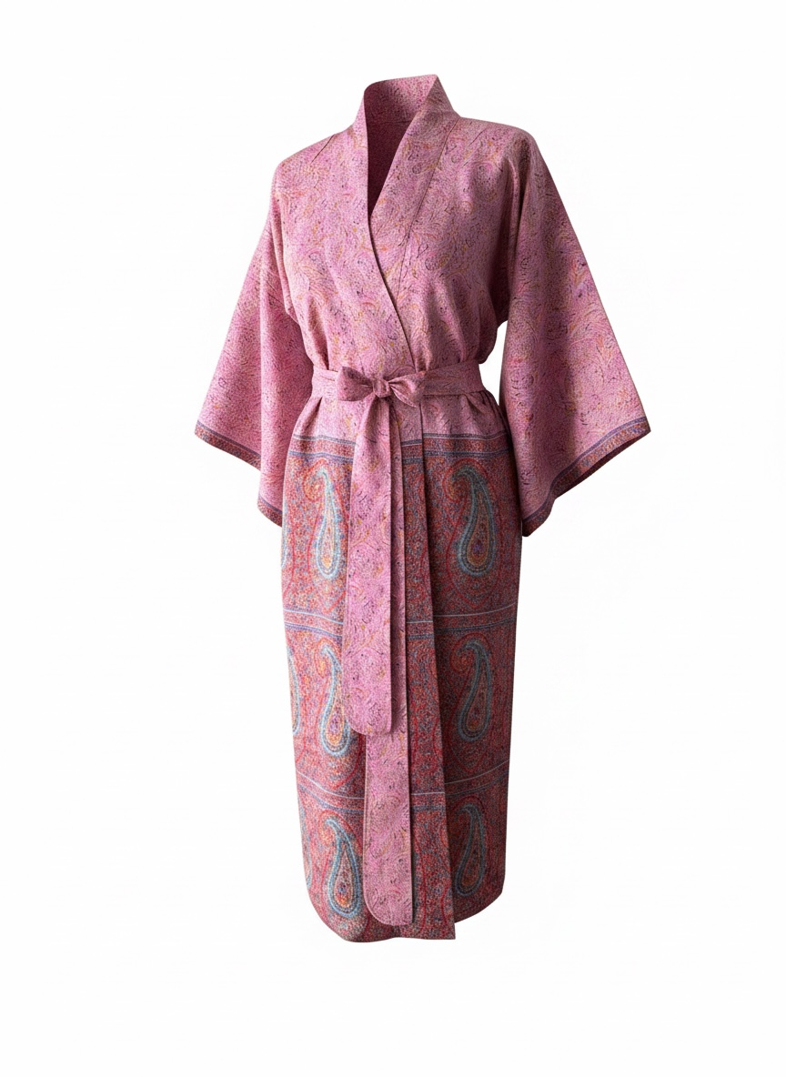 A one-of-a-kind sari silk kimono style robe in pink and red with kimono sleeves, wrapover front and silk belt, handmade by artisans in India