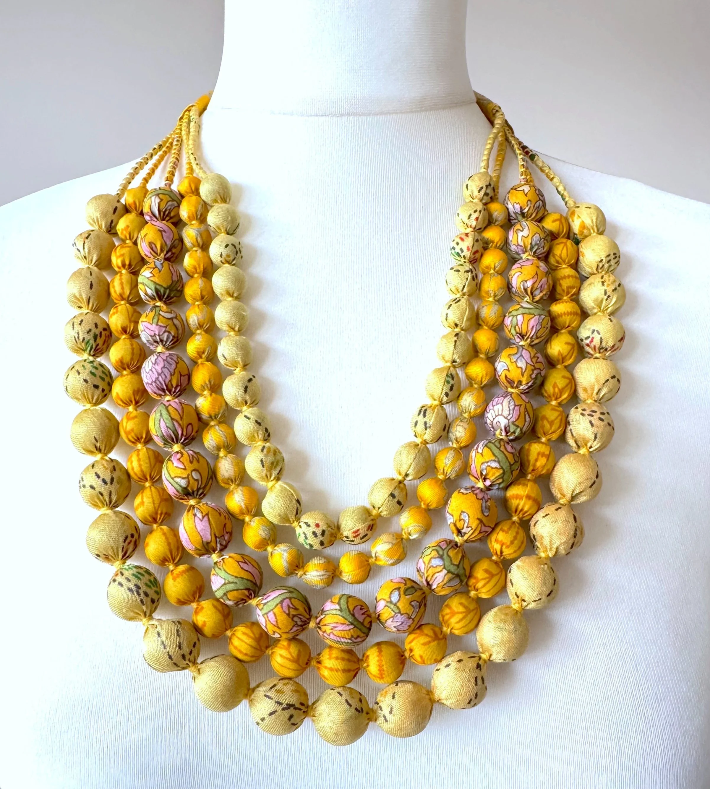 Yellow Wooden Bead Upcycled Sari Fabric Necklace