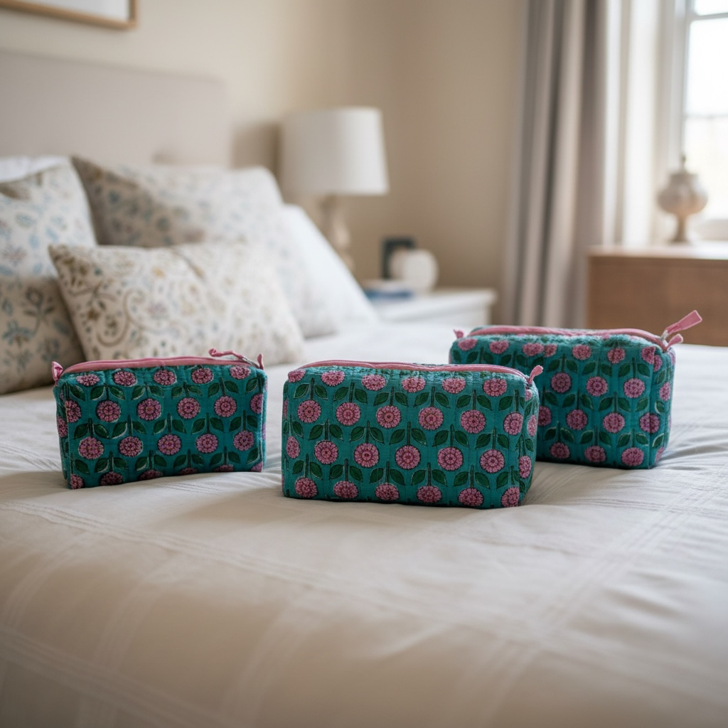 Floral Block Print Quilted Cotton Wash Bag Set of 3 - Pink/Blue