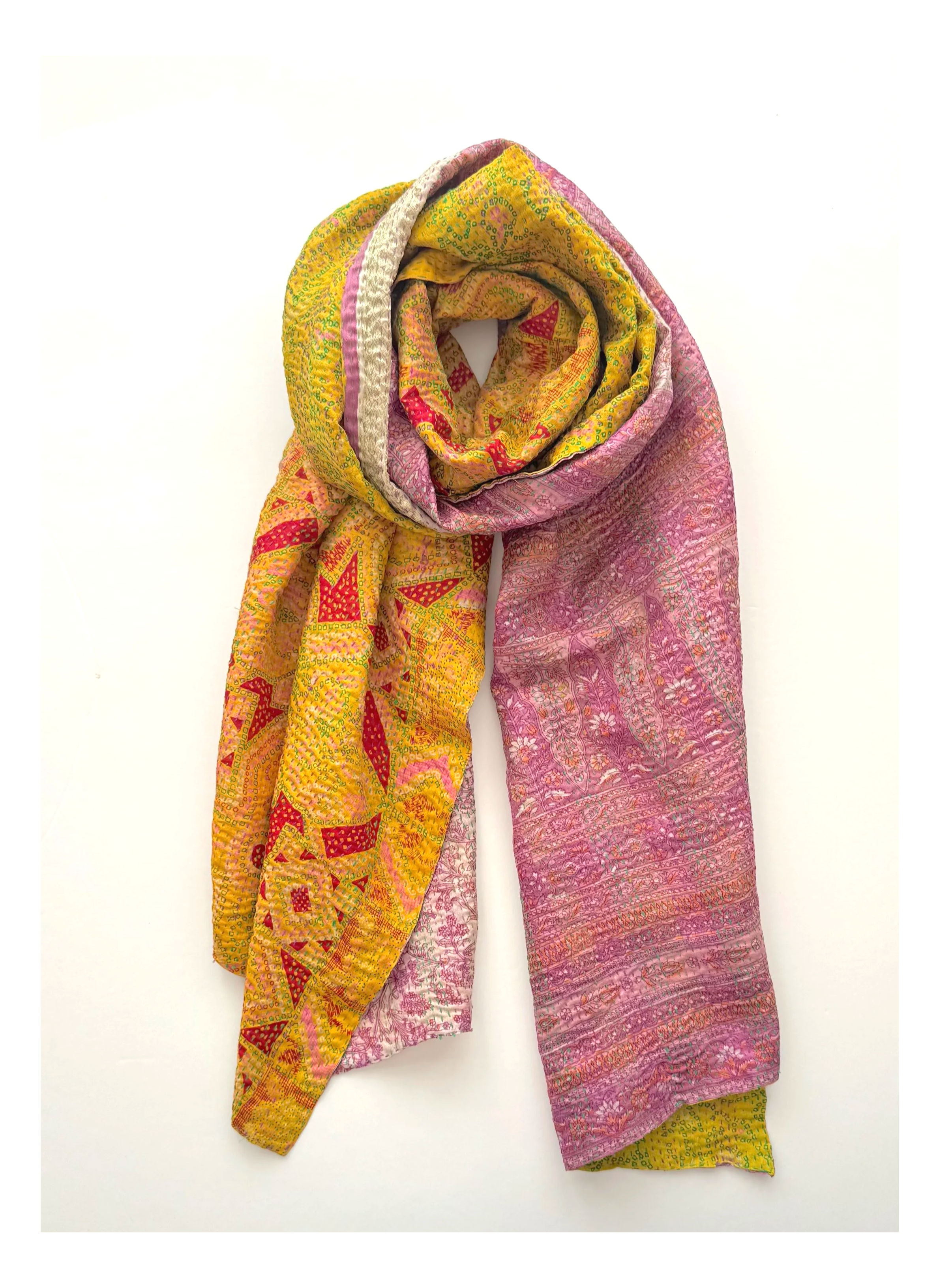 Pink and yellow floral upcycled sari scarf made from vintage sari silk upcycled with kantha stitch