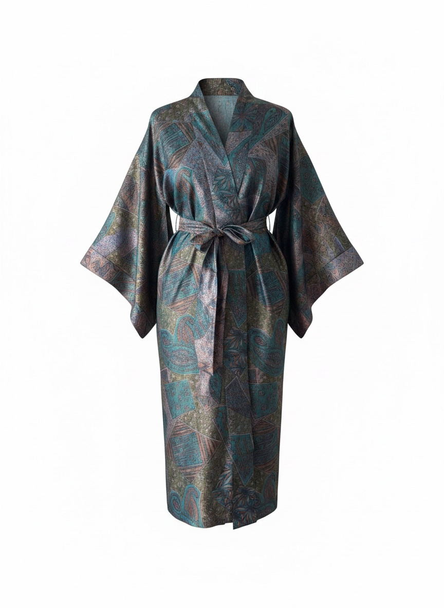 Mayuri Silk Sari Kimono Bathrobe in Aubergine & Blue